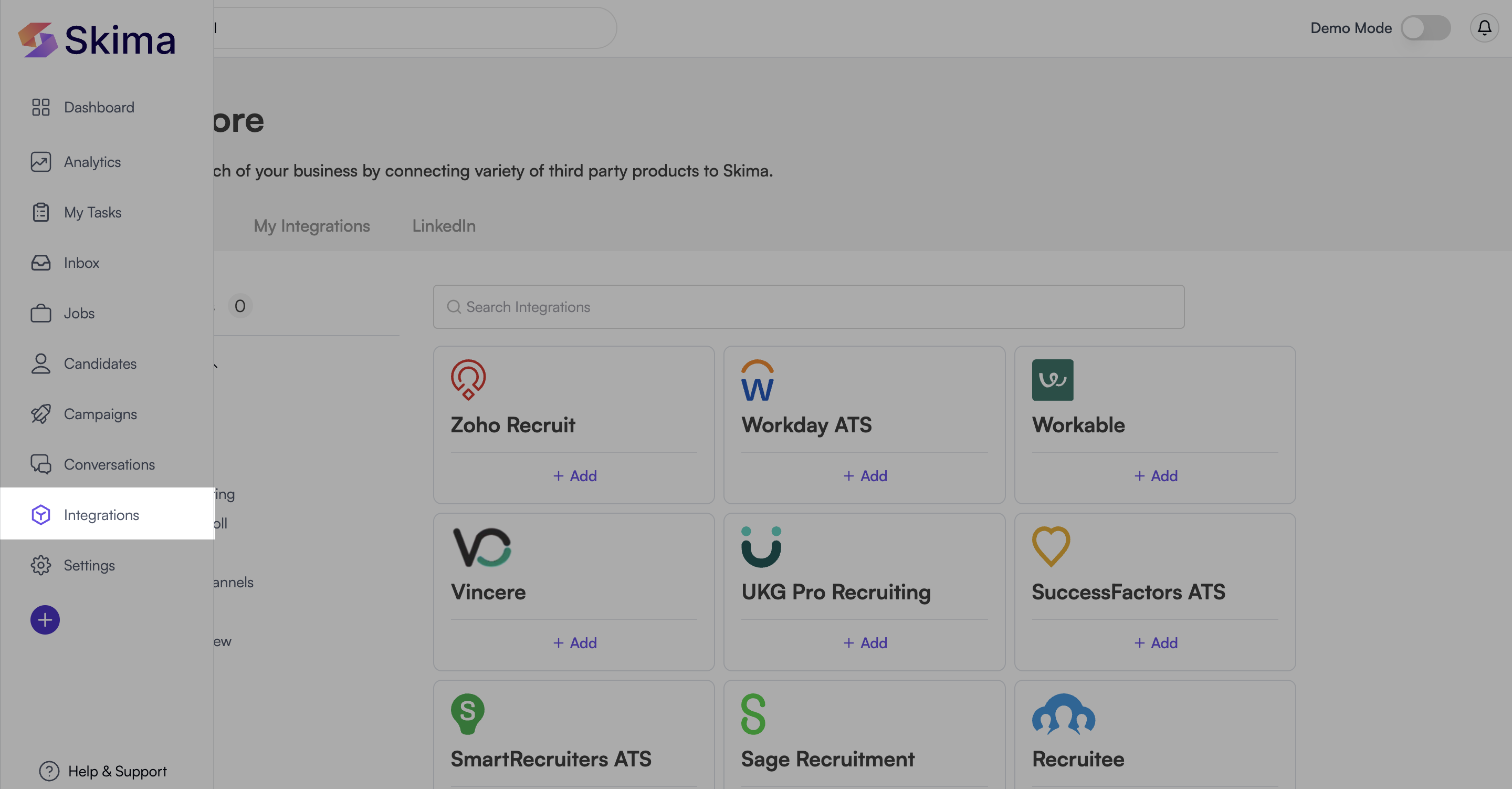 Skima AI left sidebar showing the Integrations navigation option