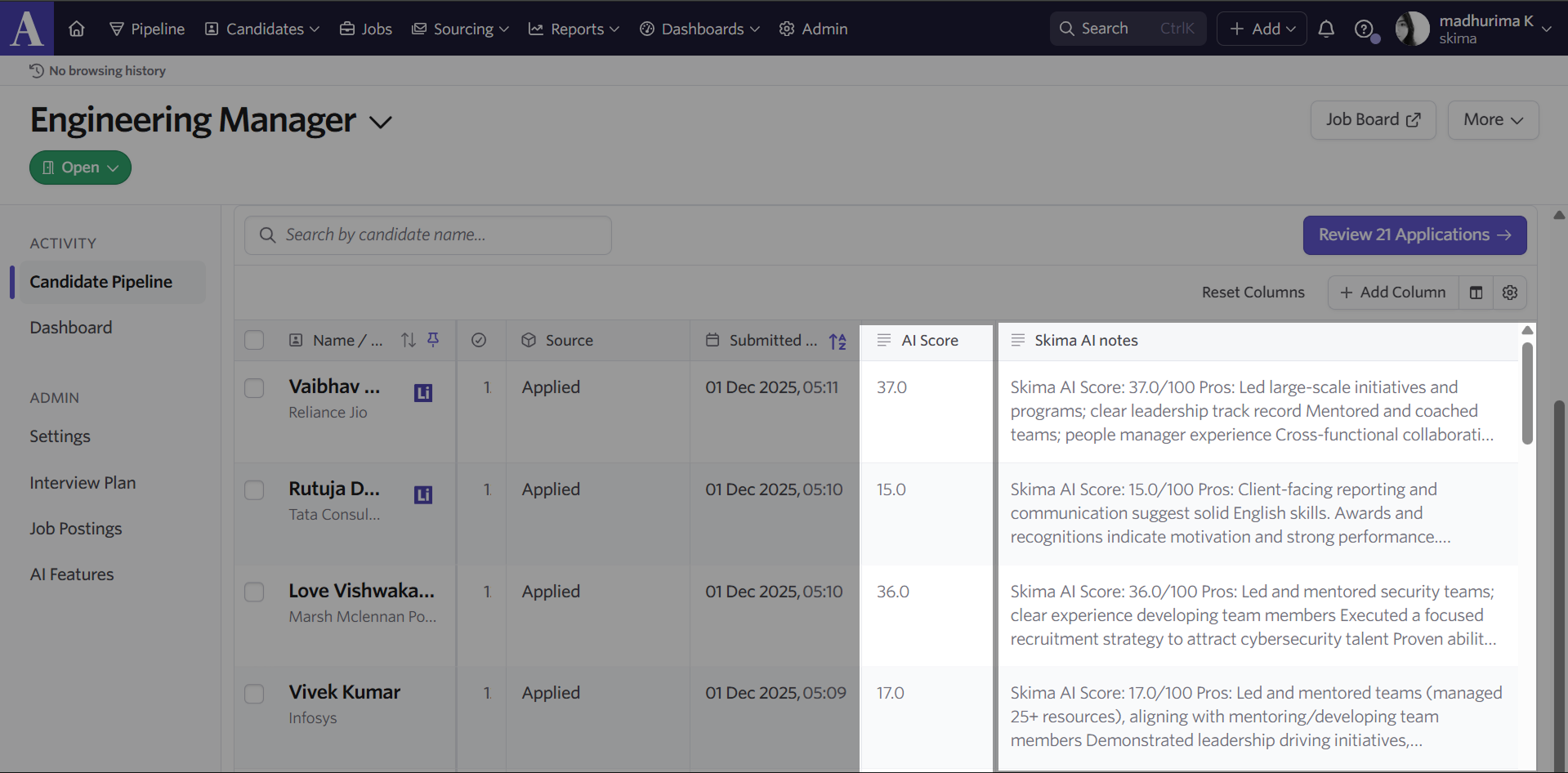 Custom fields configuration in Ashby showing AI score and notes push from Skima AI