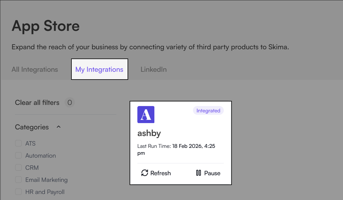 My Integrations page showing Ashby integration with Pause option to stop syncing