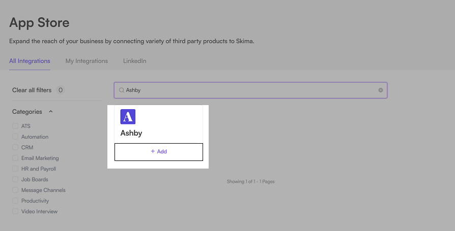 Ashby integration card in Skima AI Integrations page with Add button to begin setup