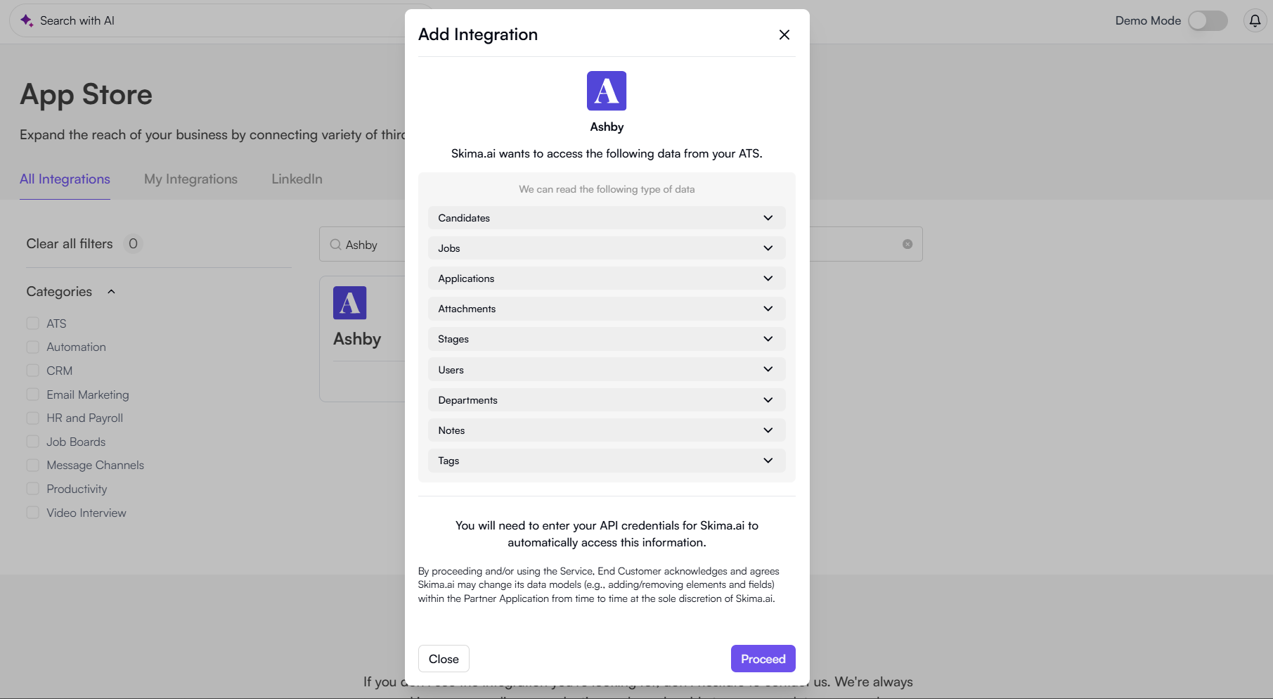 Ashby integration permissions review screen showing required data access with Proceed button