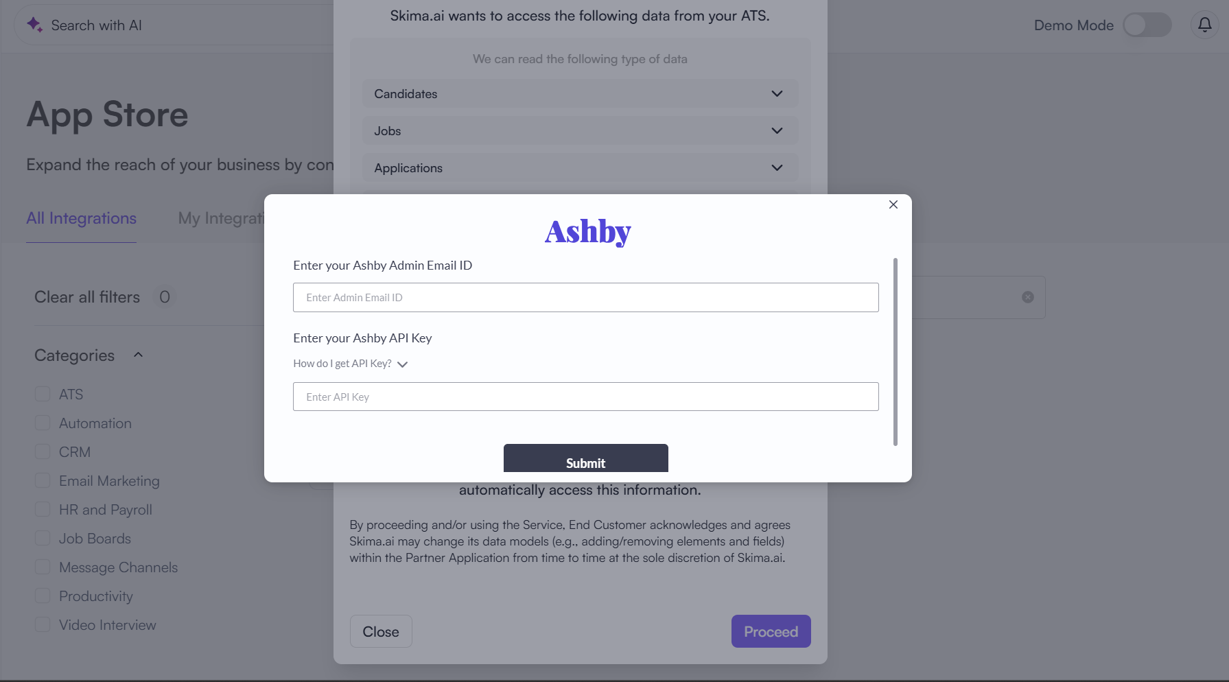 Ashby credentials entry form with fields for admin email ID and API key