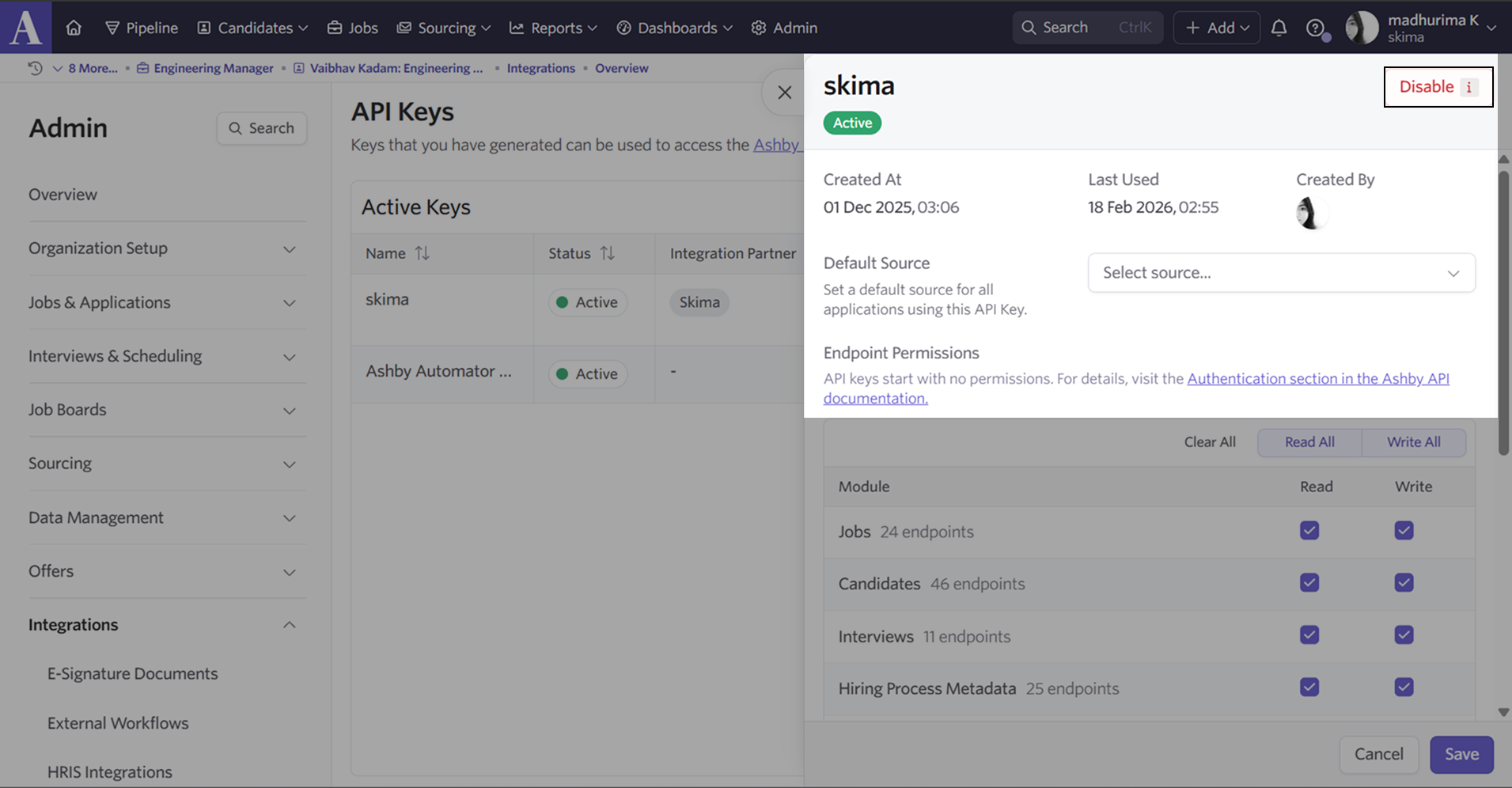 Ashby Admin Settings API Keys page showing Skima AI connection with Disable option