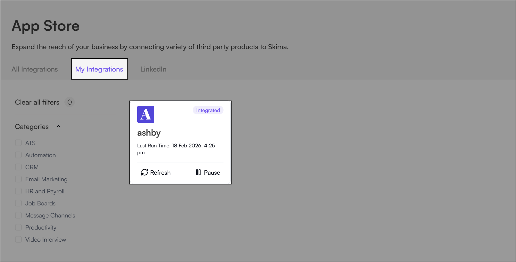 My Integrations tab showing Ashby integration as active and syncing