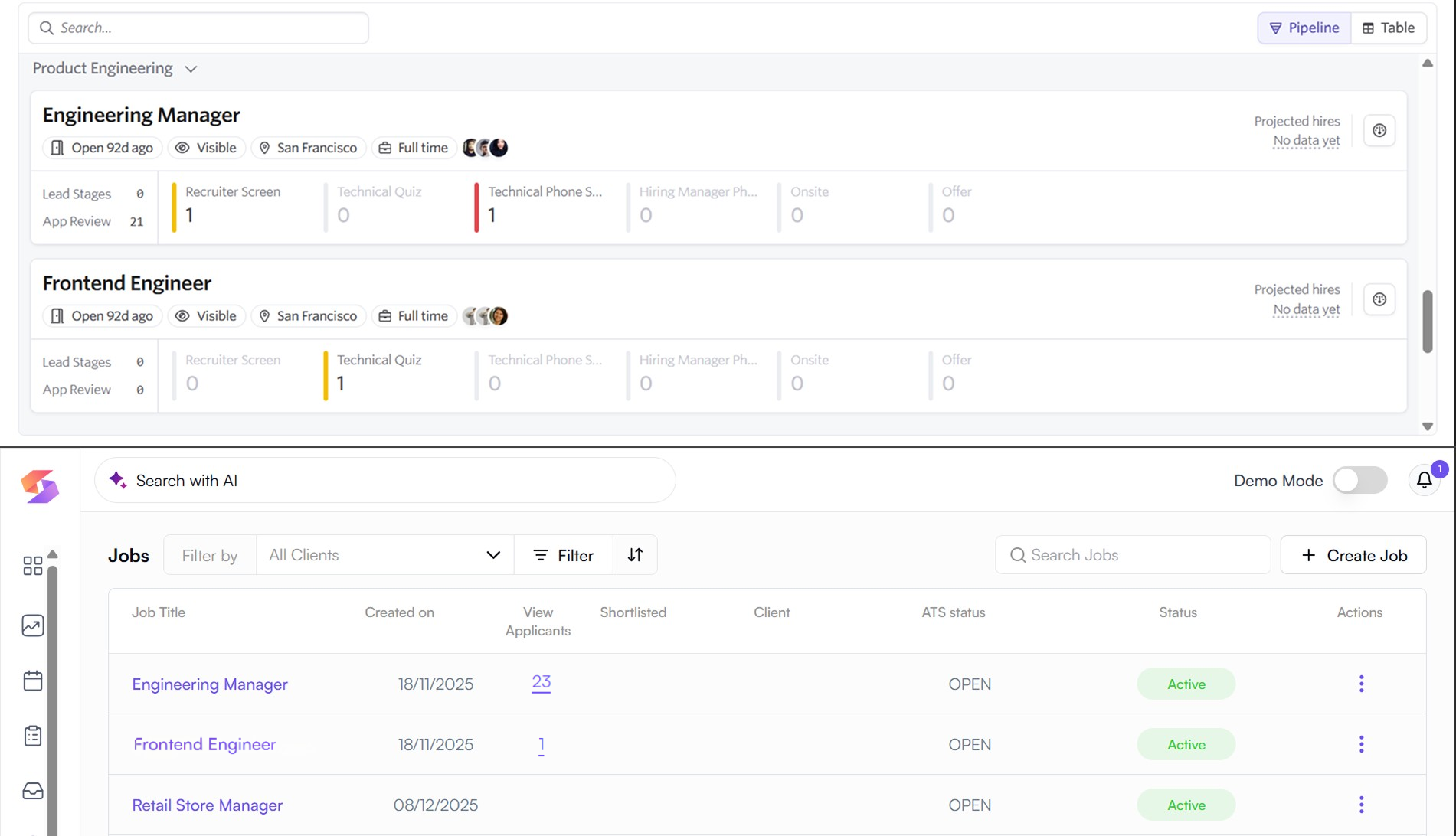 Skima AI jobs view showing Ashby-imported jobs with matching data