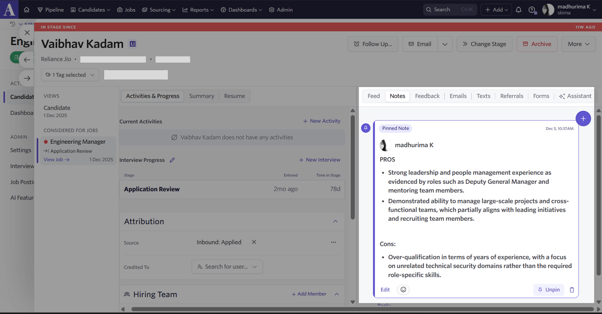Ashby activity timeline showing Skima AI matching analysis notes pushed back to Ashby