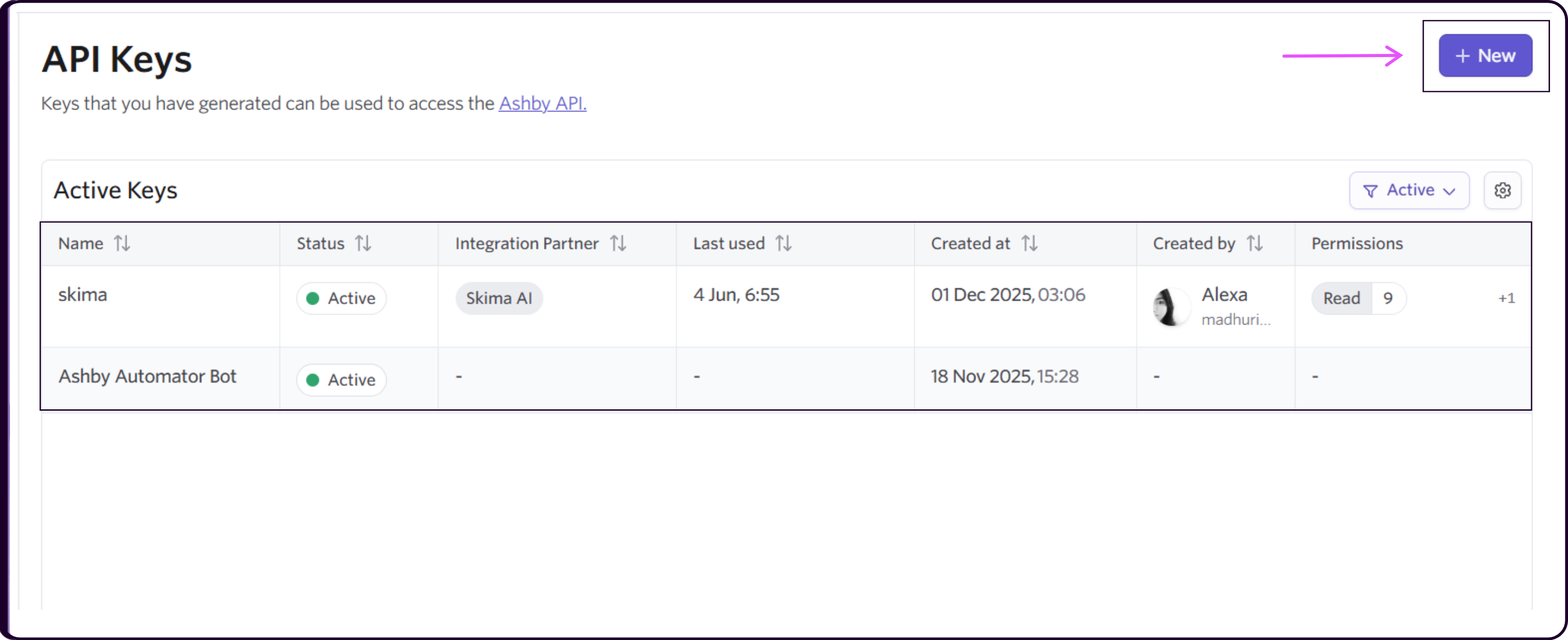 Inside ashby admin settings and integrations showing the + icon to add new API Key