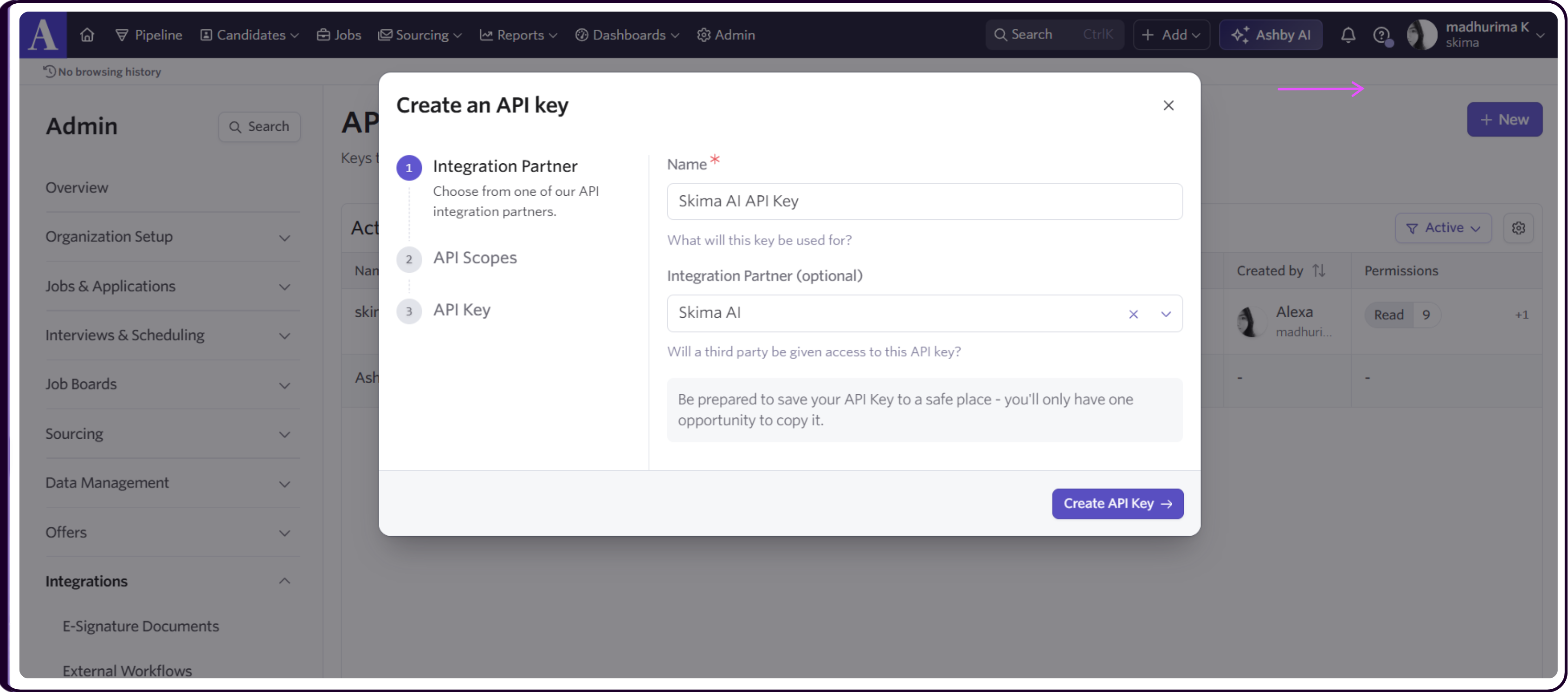 Create new API key modal asking for name of the API key and integration partner name