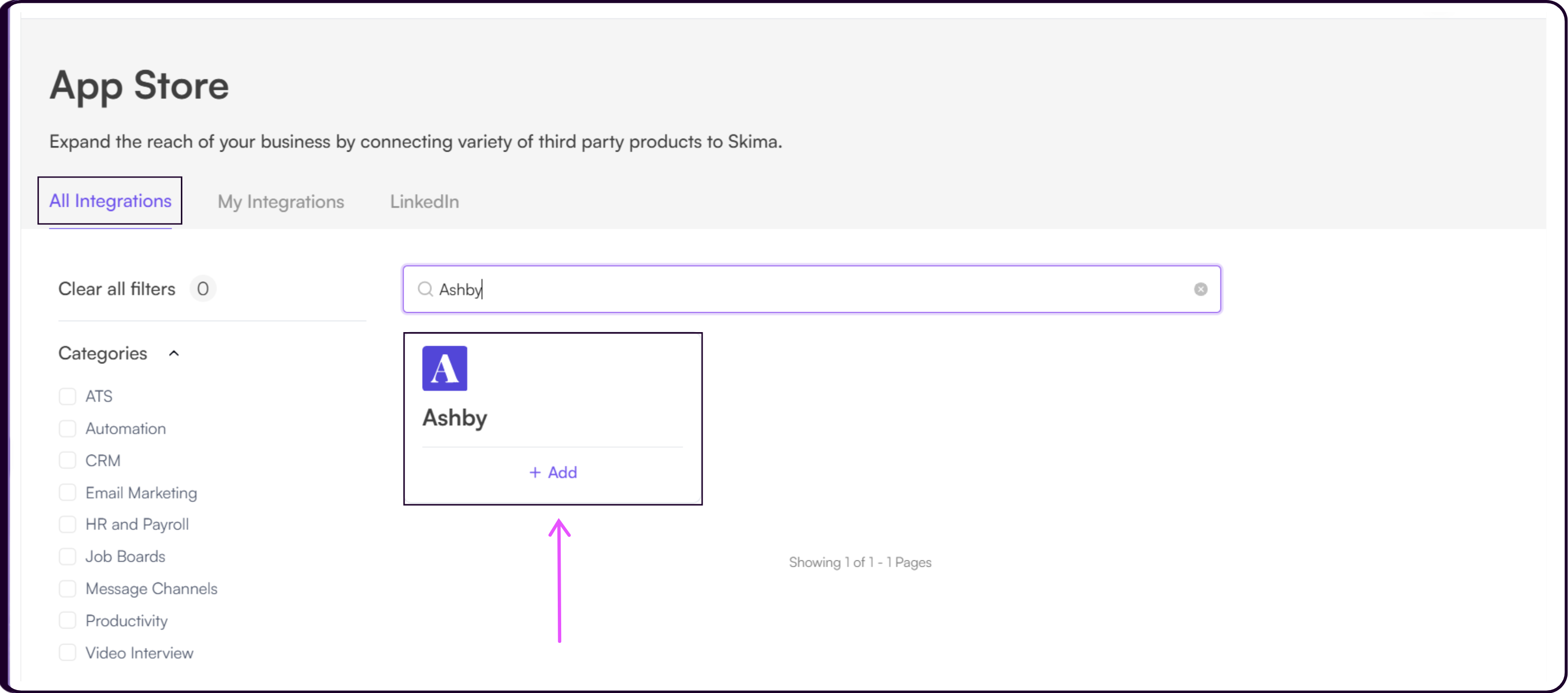 Ashby integration card in Skima AI Integrations page with Add button to begin setup