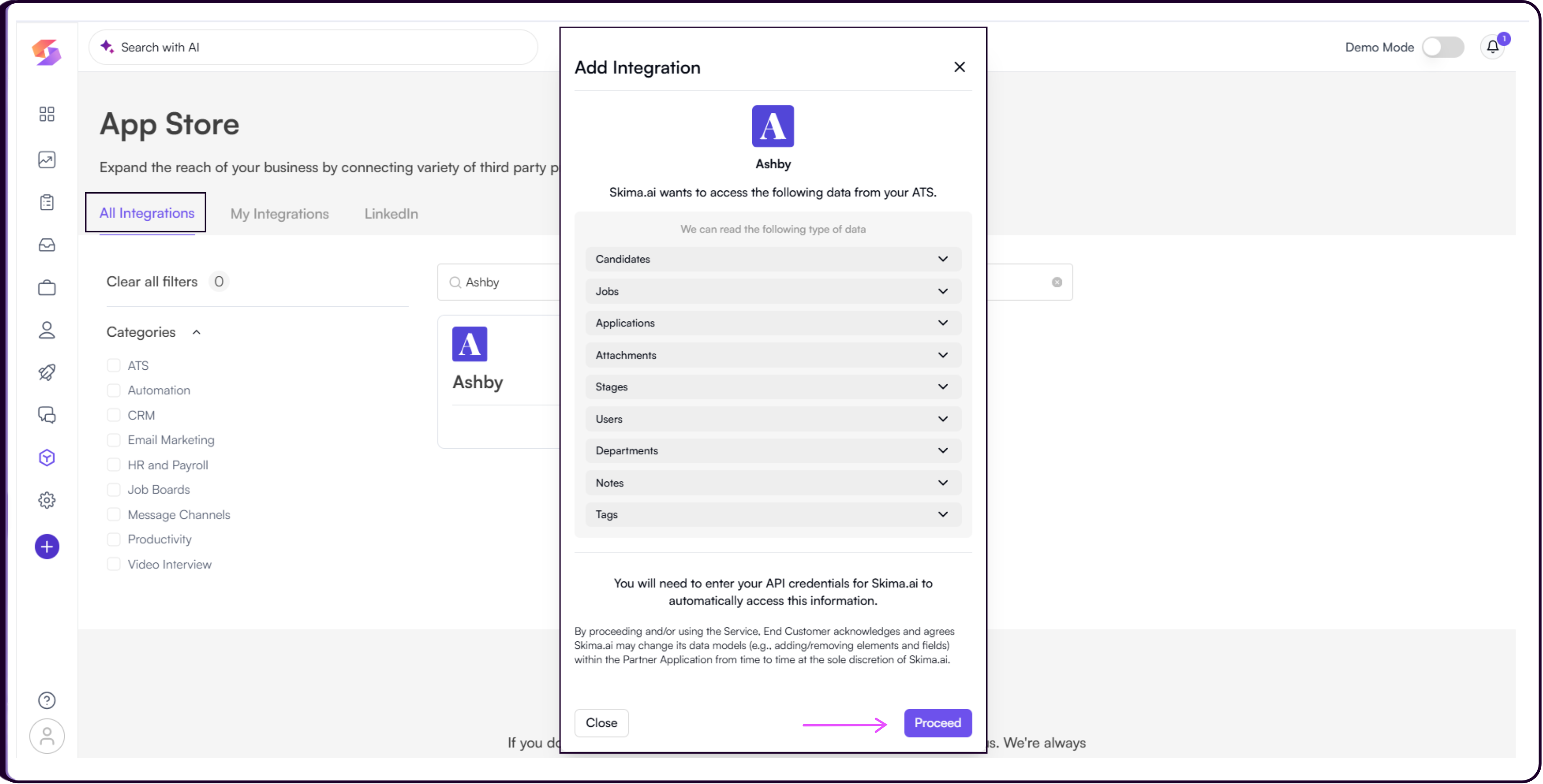 Ashby integration permissions review screen showing required data access with Proceed button