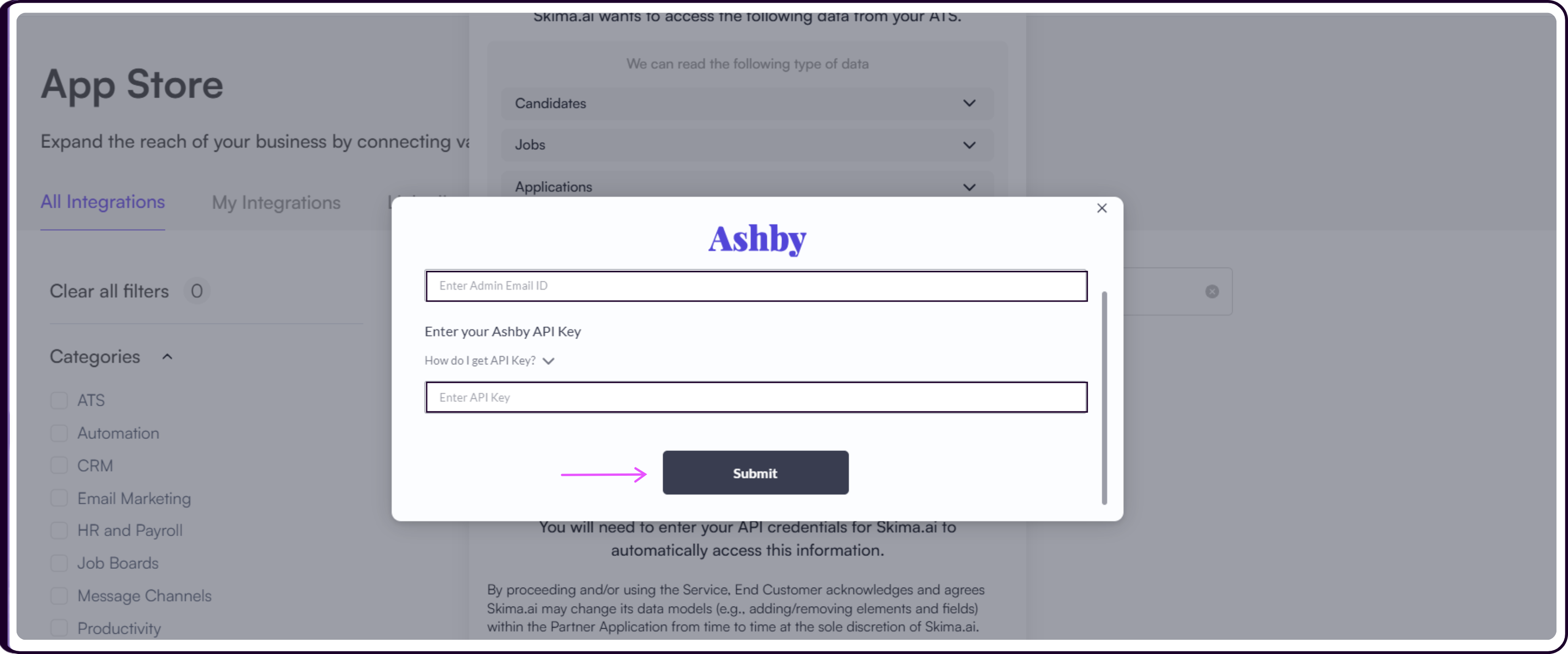 Ashby credentials entry form with fields for admin email ID and API key