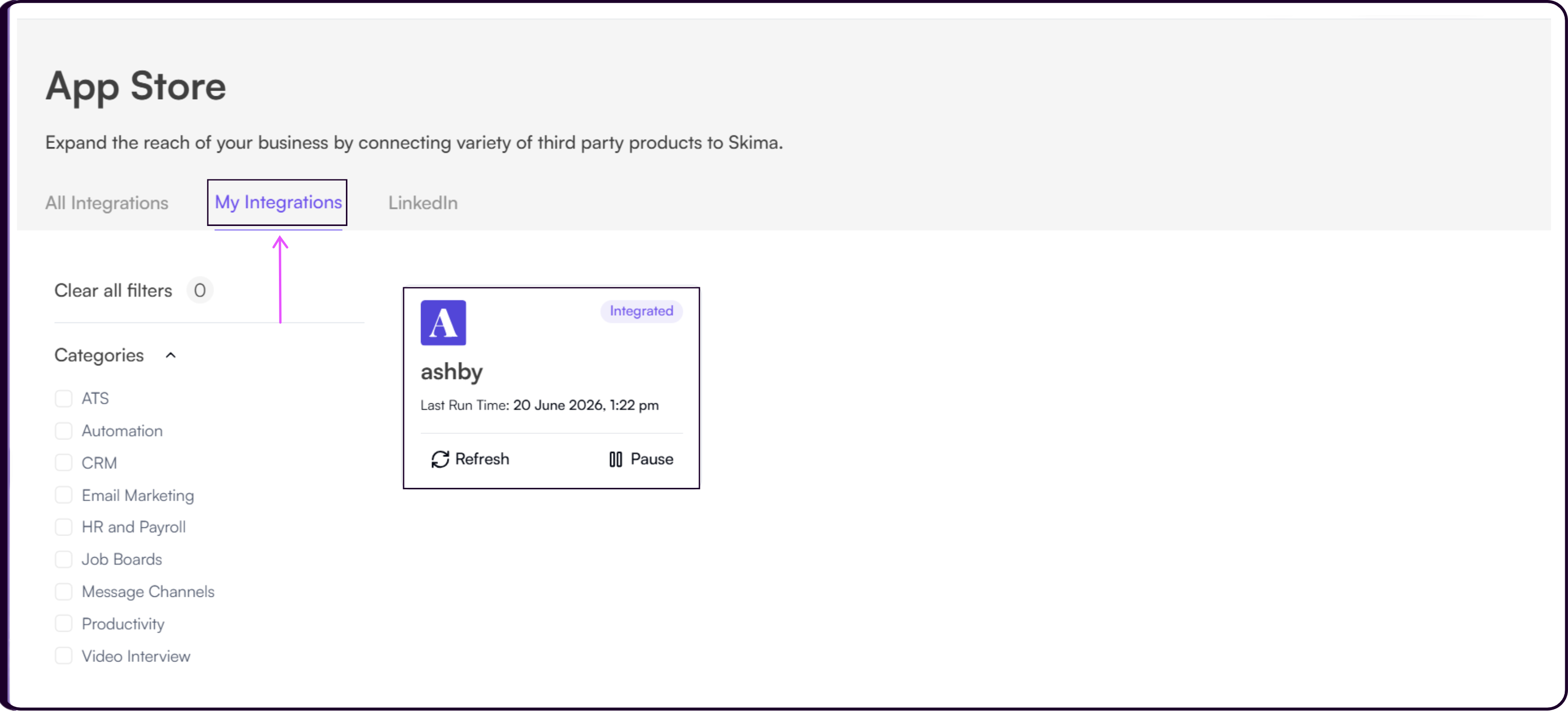 My Integrations tab showing Ashby integration as active and syncing