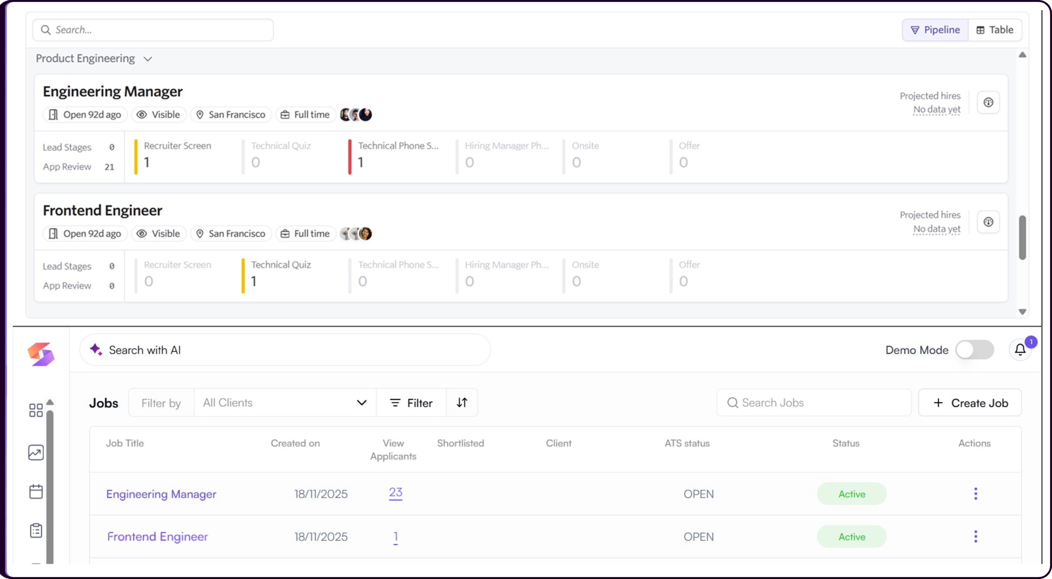 Skima AI jobs view showing Ashby-imported jobs with matching data