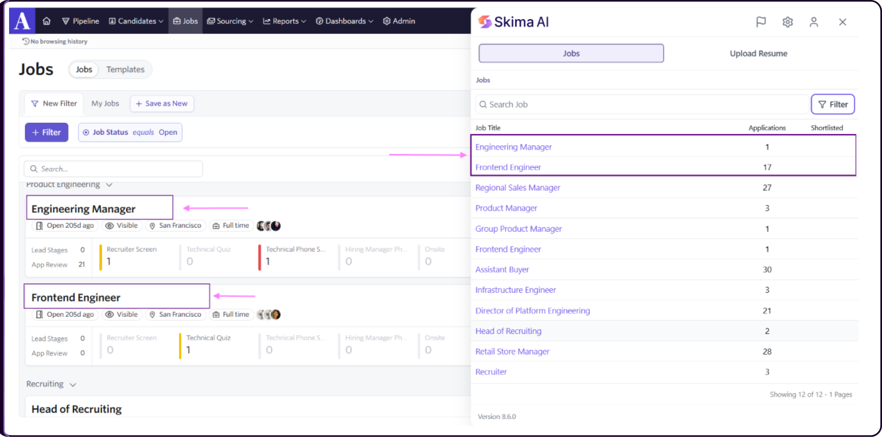 Skima AI Firefox Extension panel inside ATS showing job postings with candidate counts and AI hiring insights