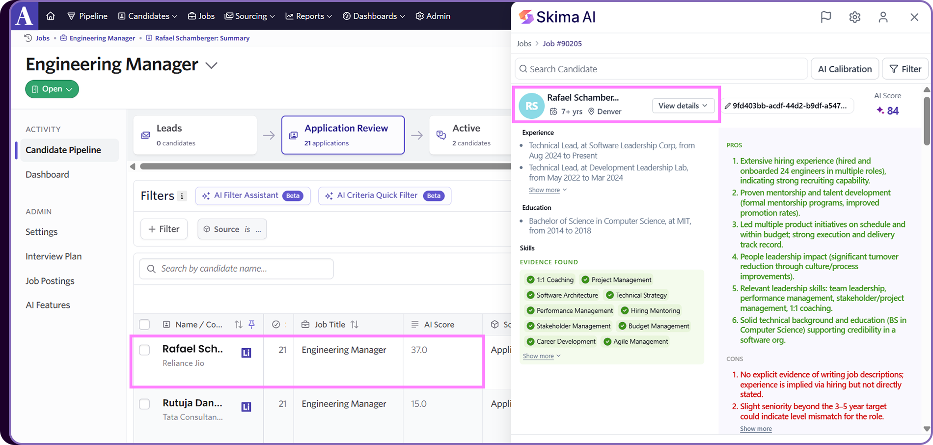 Extension showing candidate list with AI scores, parsed information, and application status inside the ATS
