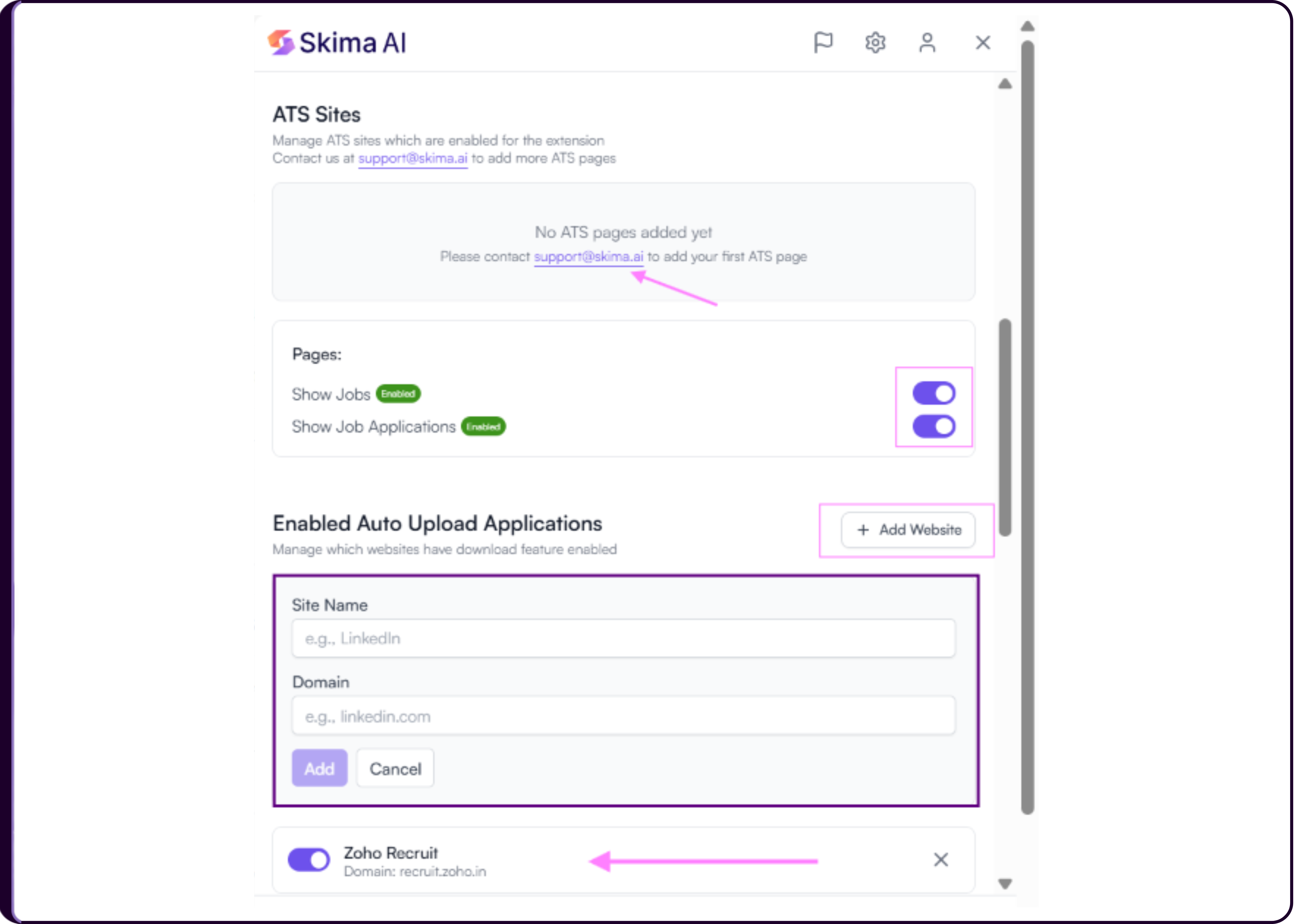 Chrome Extension Settings showing Enabled Auto Upload Applications section with domain list and Add Website button
