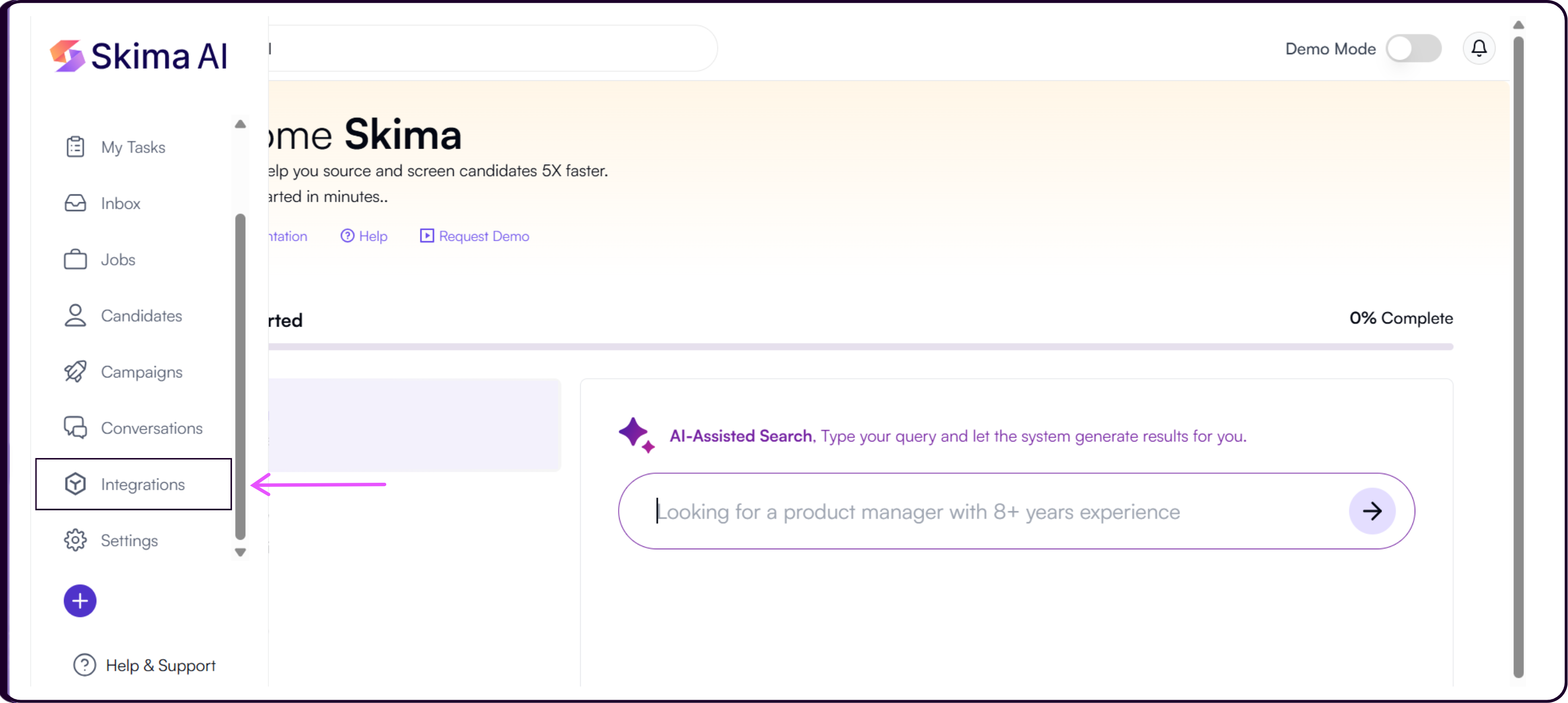 Skima AI left sidebar with Integrations option highlighted