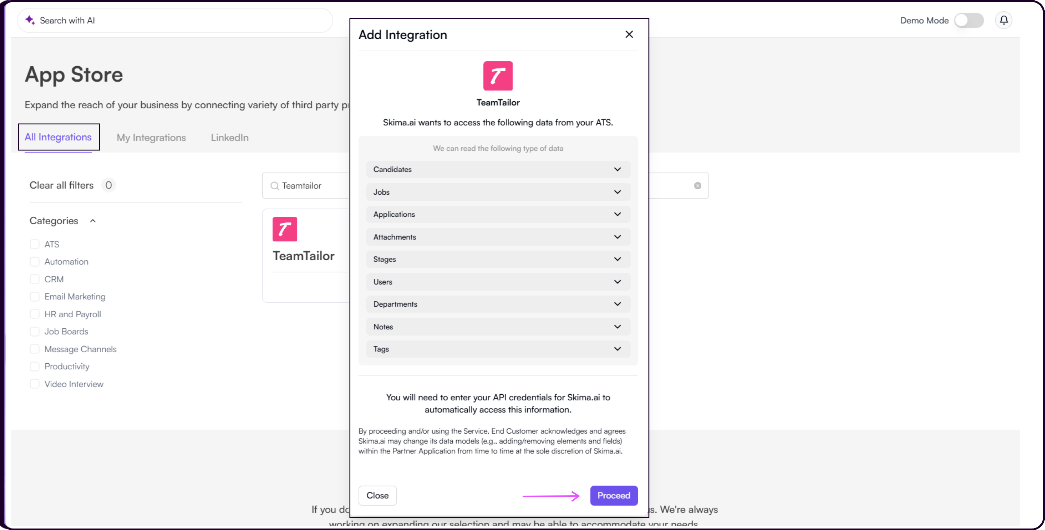 Teamtailor integration permissions review screen showing required data access with Proceed button