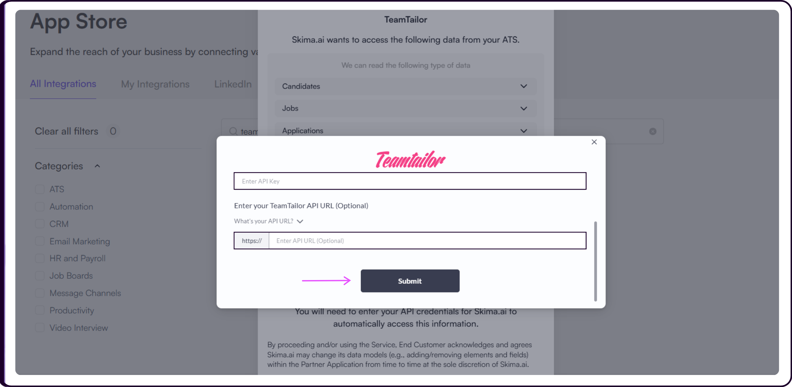Teamtailor credentials entry form with fields for admin email ID, API key, and API URL