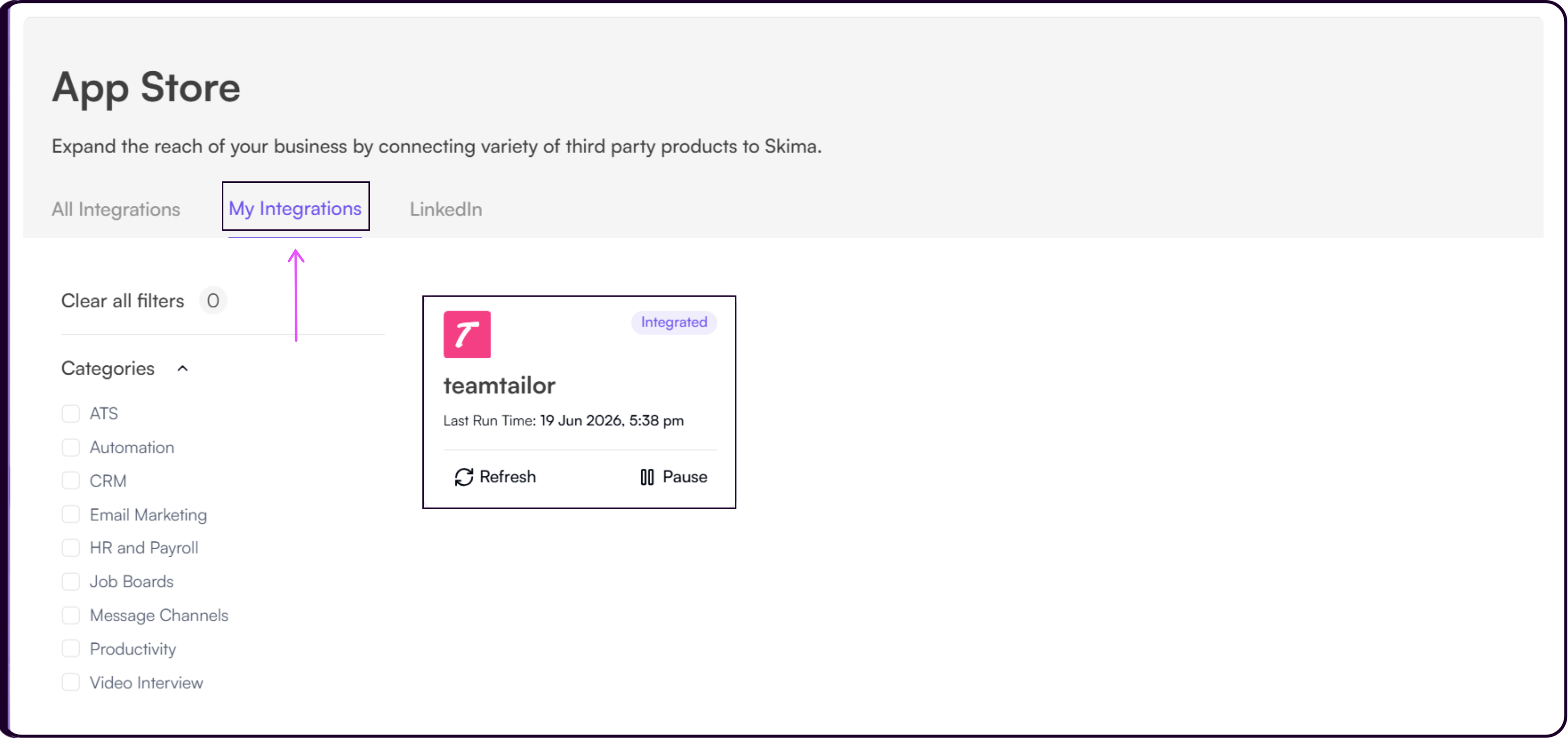 My Integrations tab showing Teamtailor integration as active and syncing
