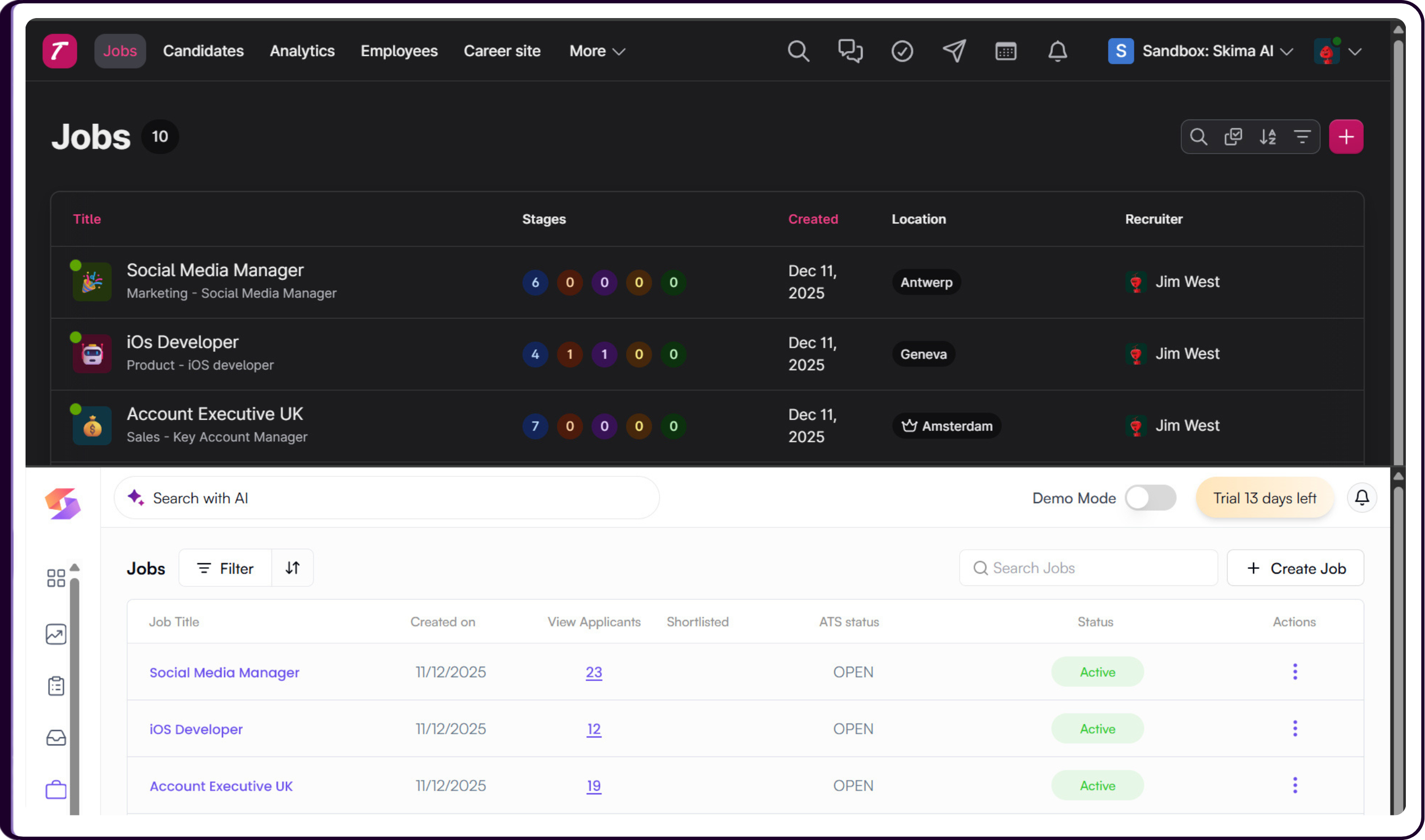Skima AI jobs view showing Teamtailor-imported jobs with matching data