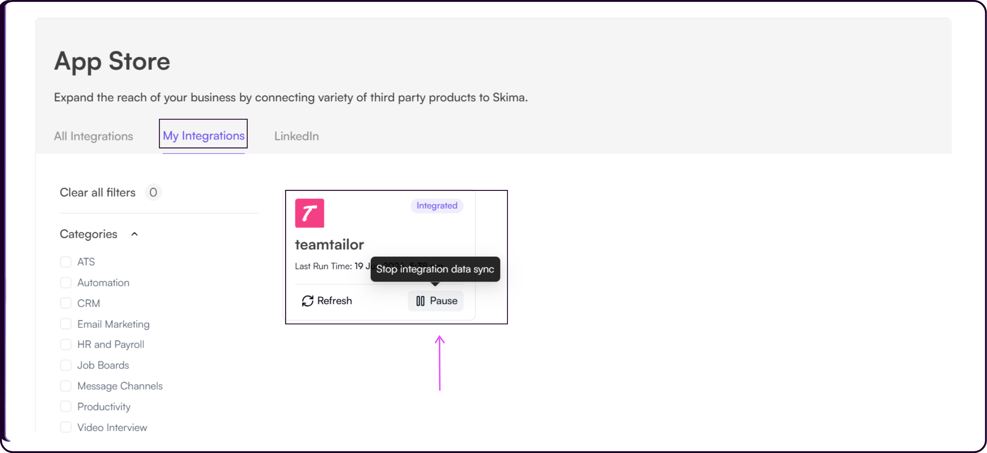 My Integrations page showing Teamtailor integration with Pause option to stop syncing