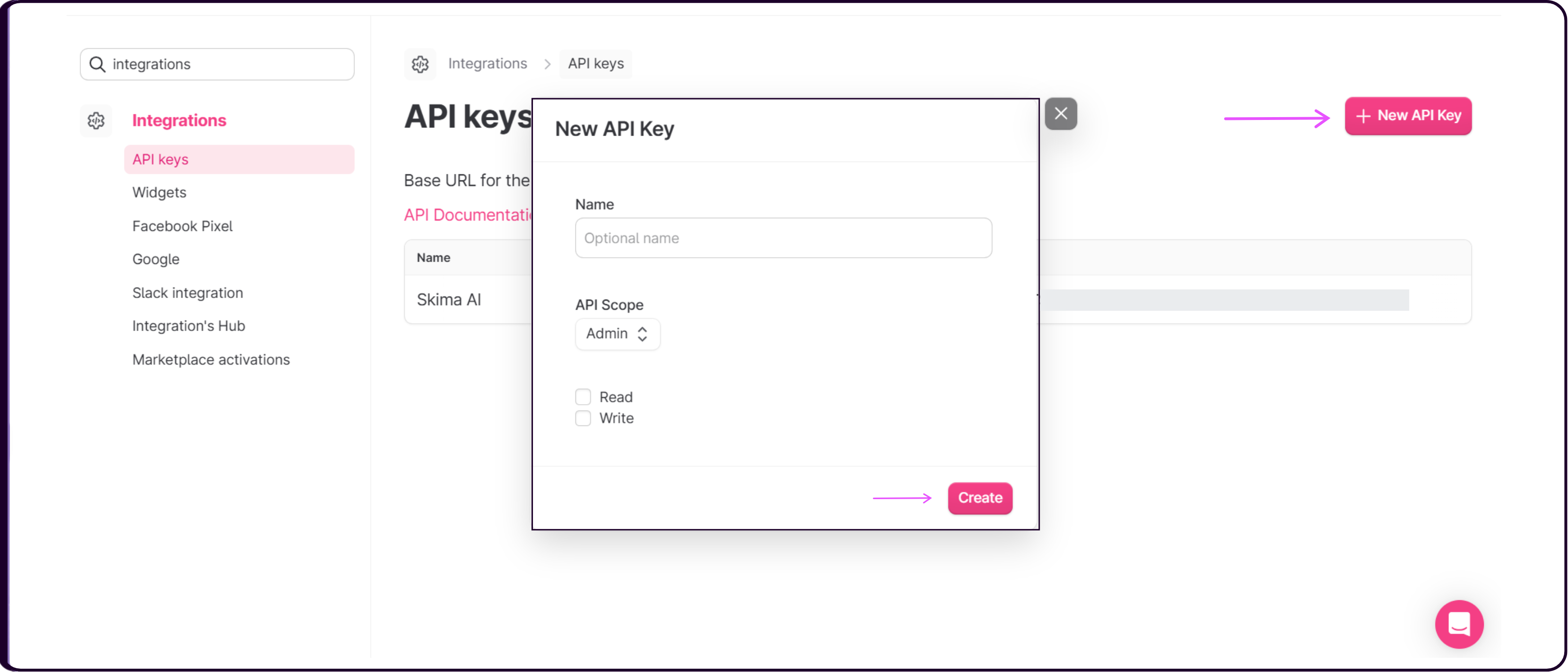 Create API key modal inside teamtailor