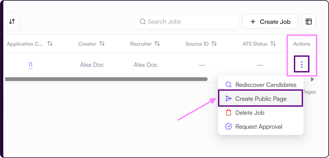 Jobs list showing the Actions menu with Create Public Page option