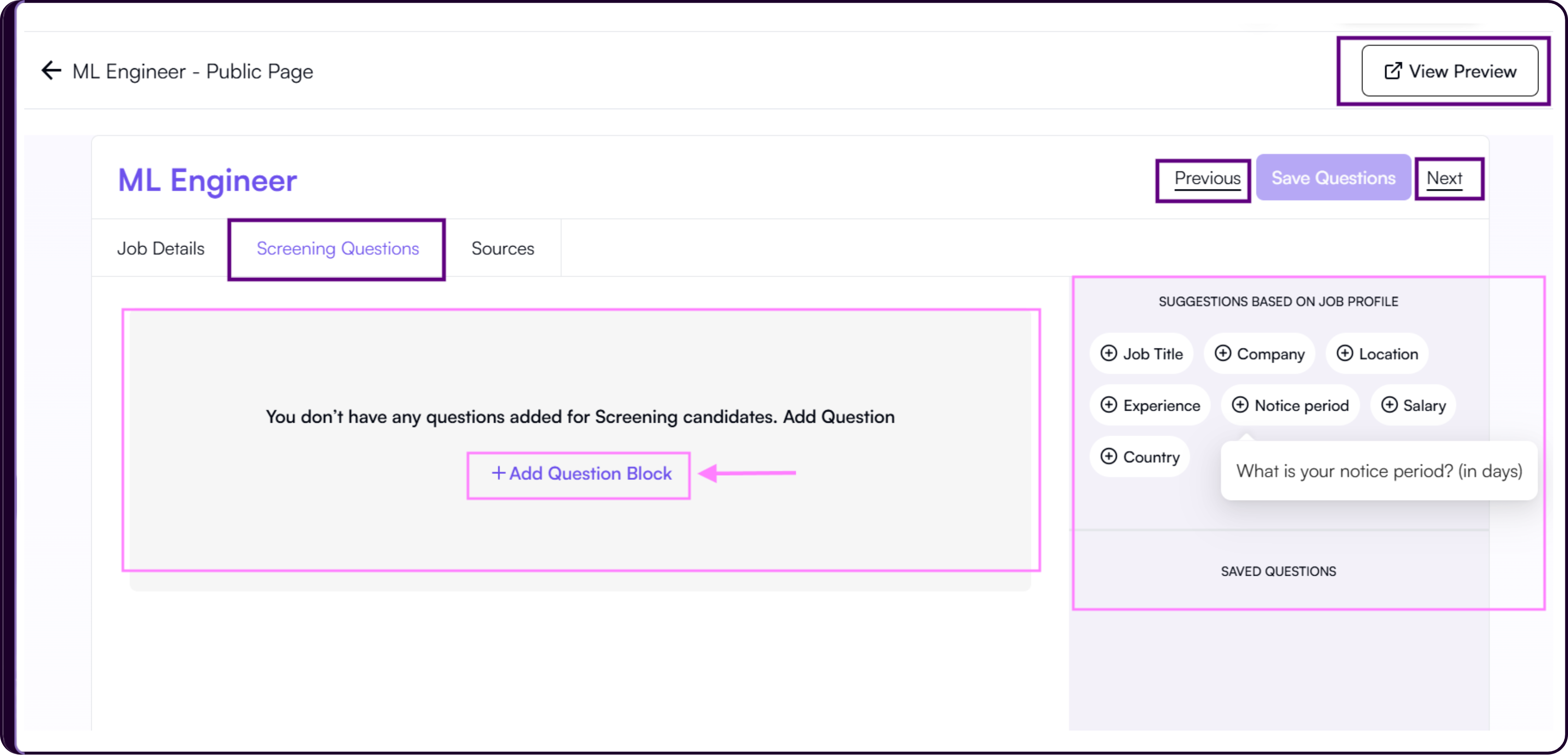 Screening questions setup page with Add Question Block option and AI-generated pre-saved questions