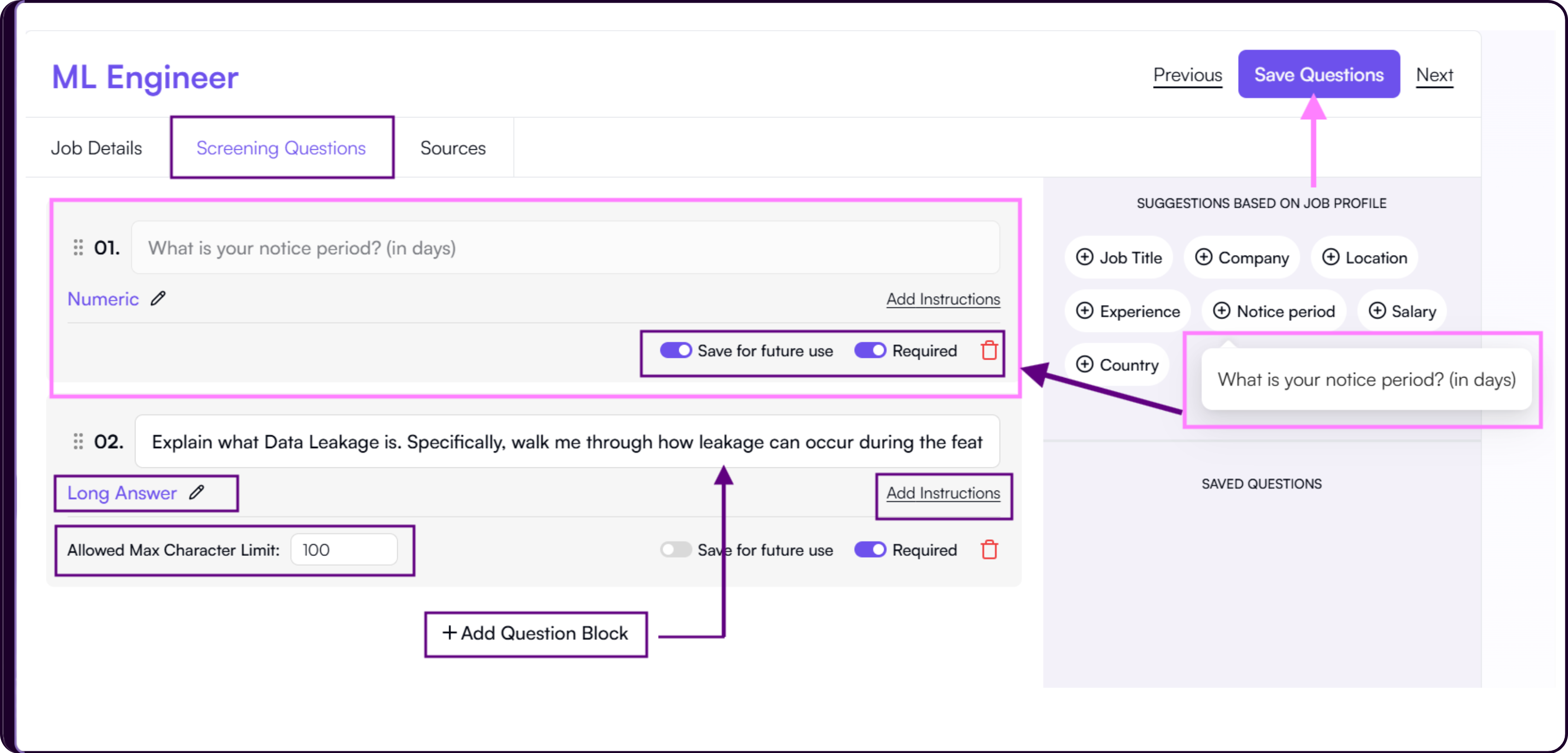Screening question answer type selector showing Short Answer, Long Answer, Multiple Choice, Dropdown, and Yes/No options