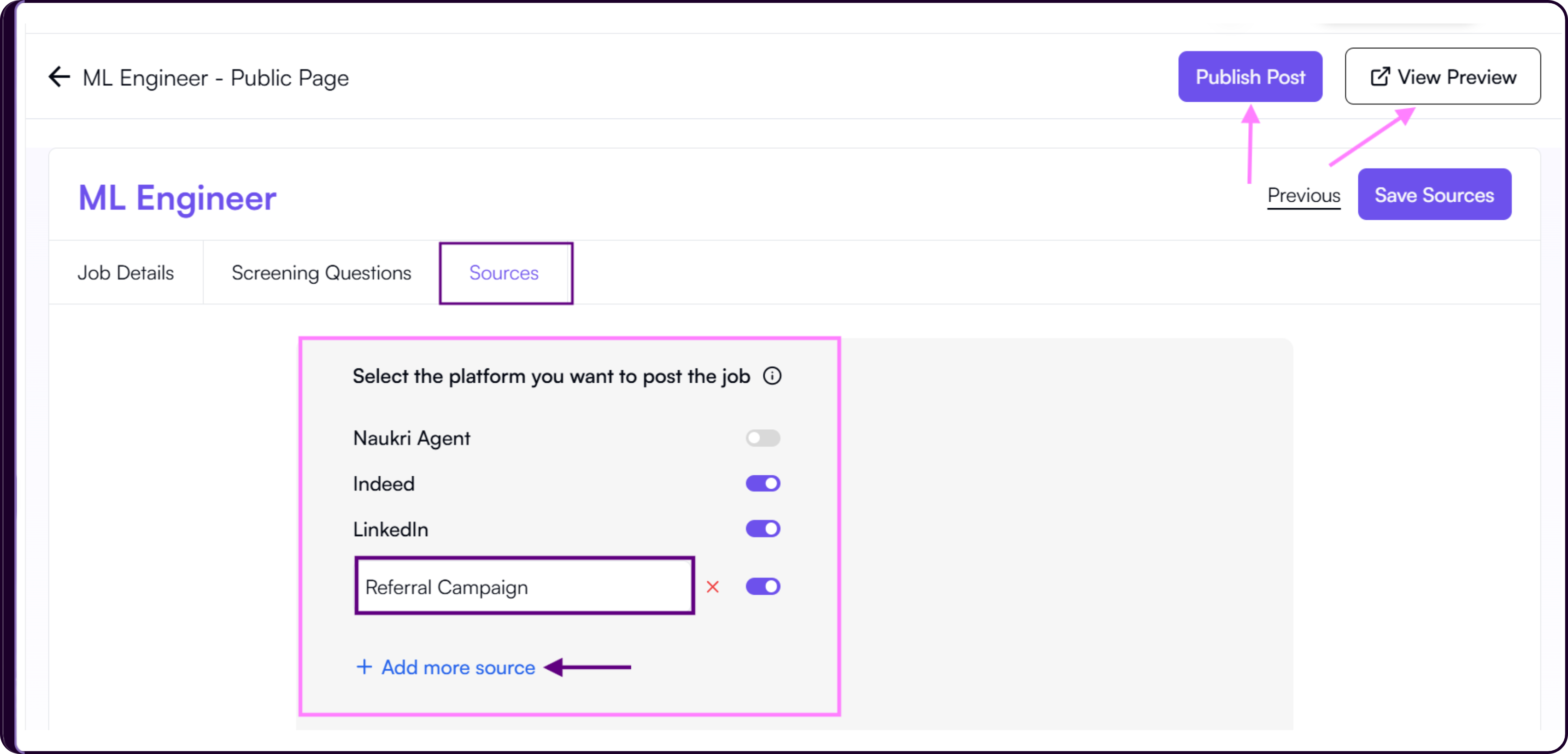 Add Sources page showing job platforms like Naukri, Indeed, and LinkedIn with toggle options and custom source input