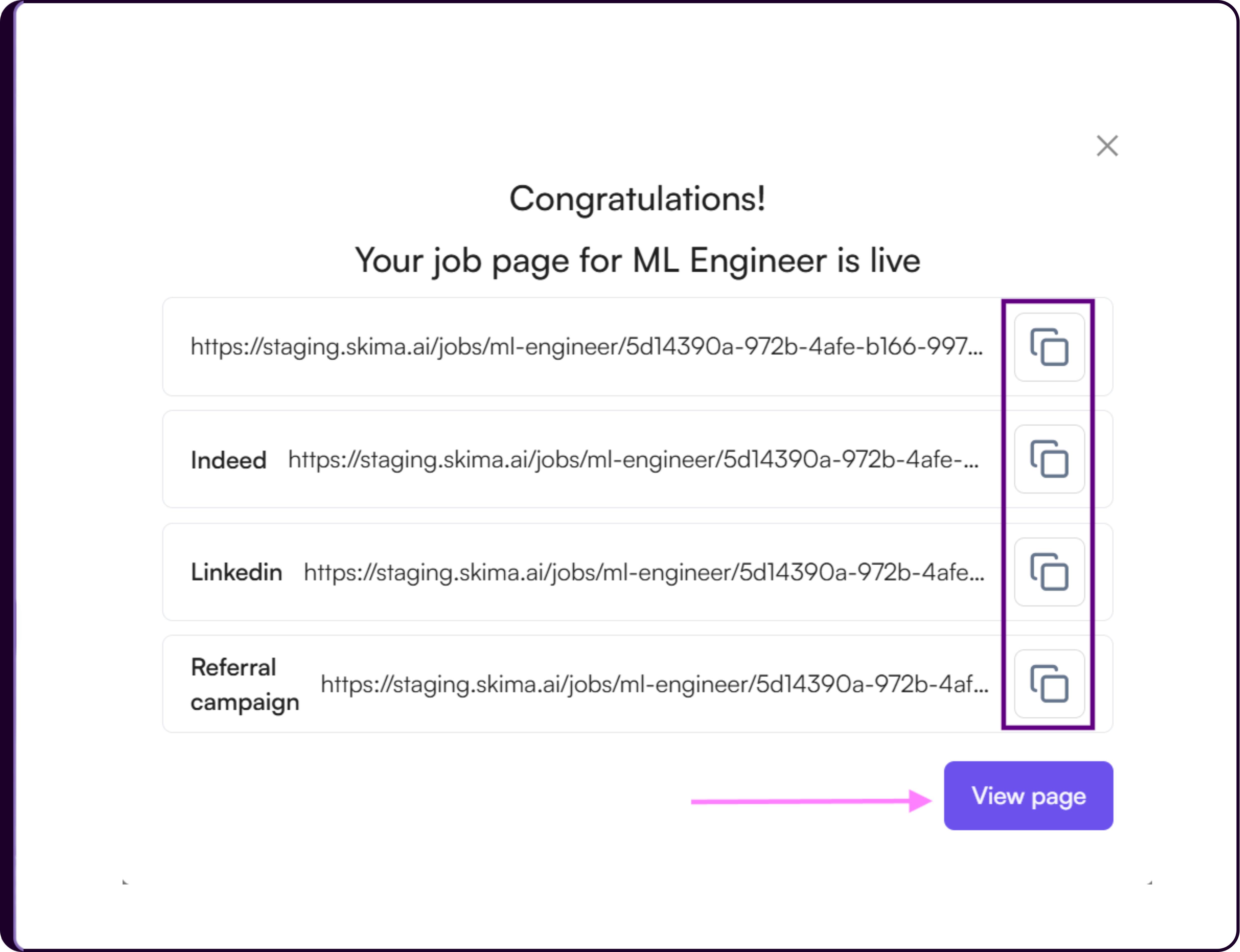 Job published confirmation screen showing Congratulations message and generated career page links for all configured sources