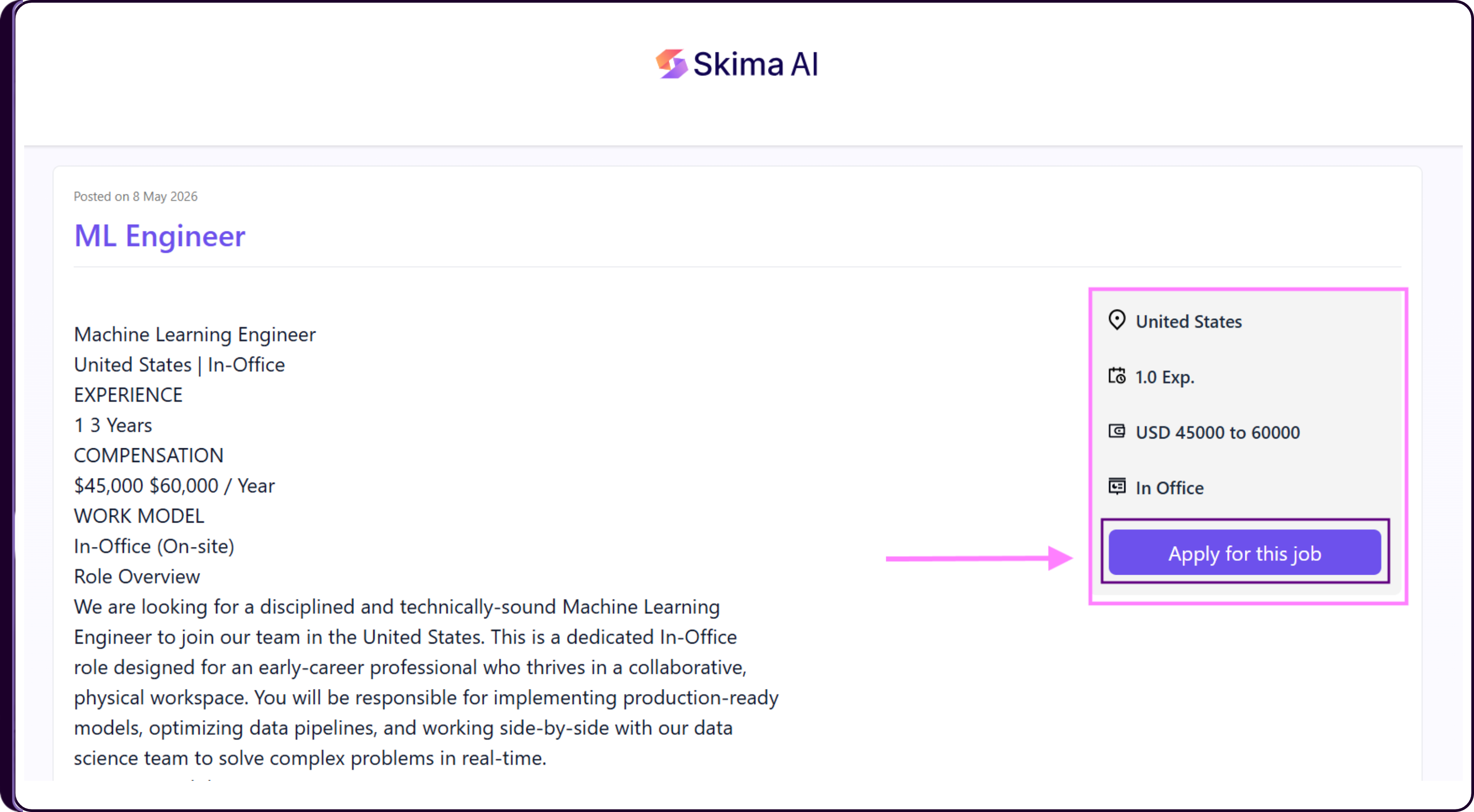 Published job posting preview page showing job details and Apply for this job button as seen by candidates