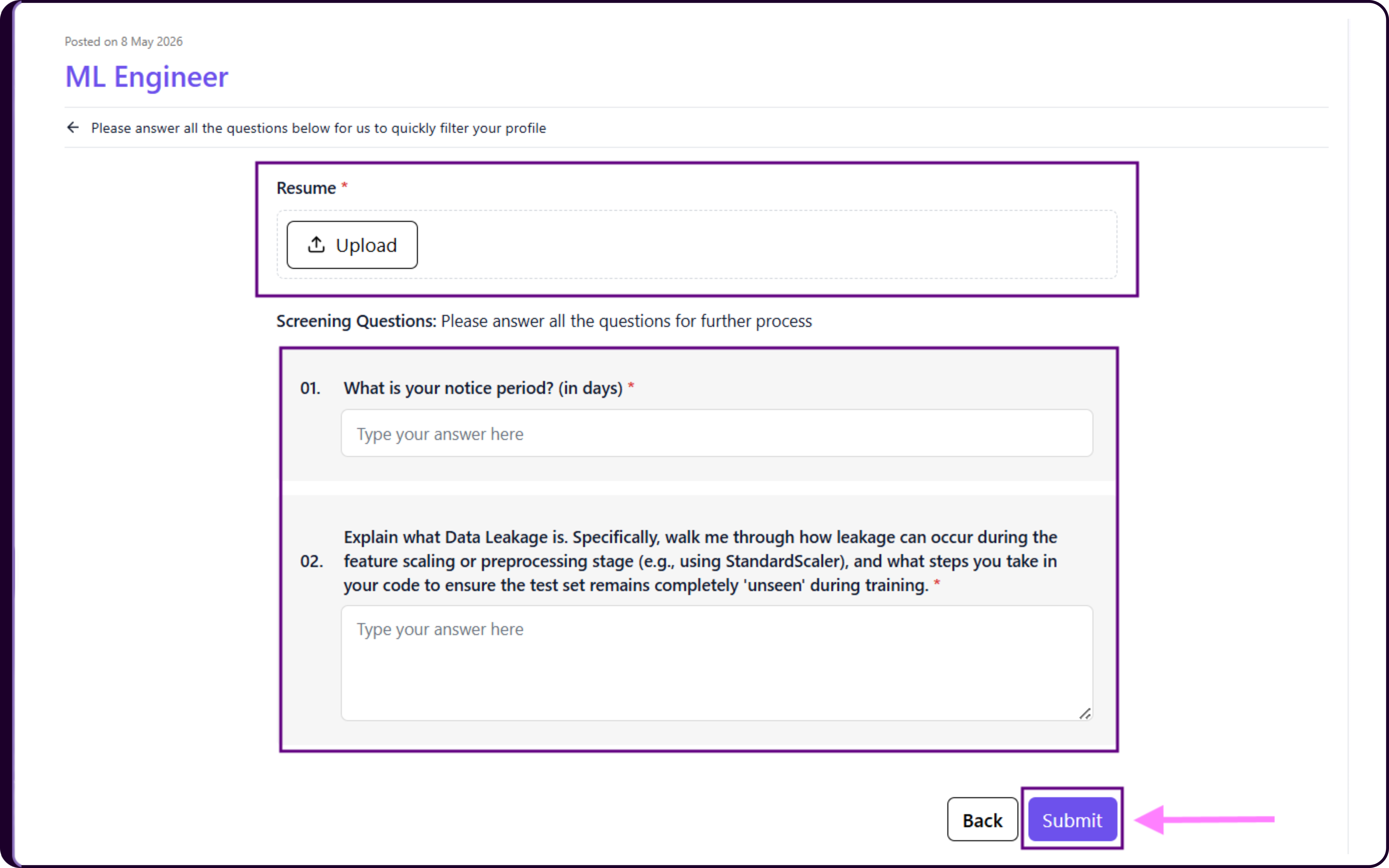 Candidate application form showing resume upload field and Submit button