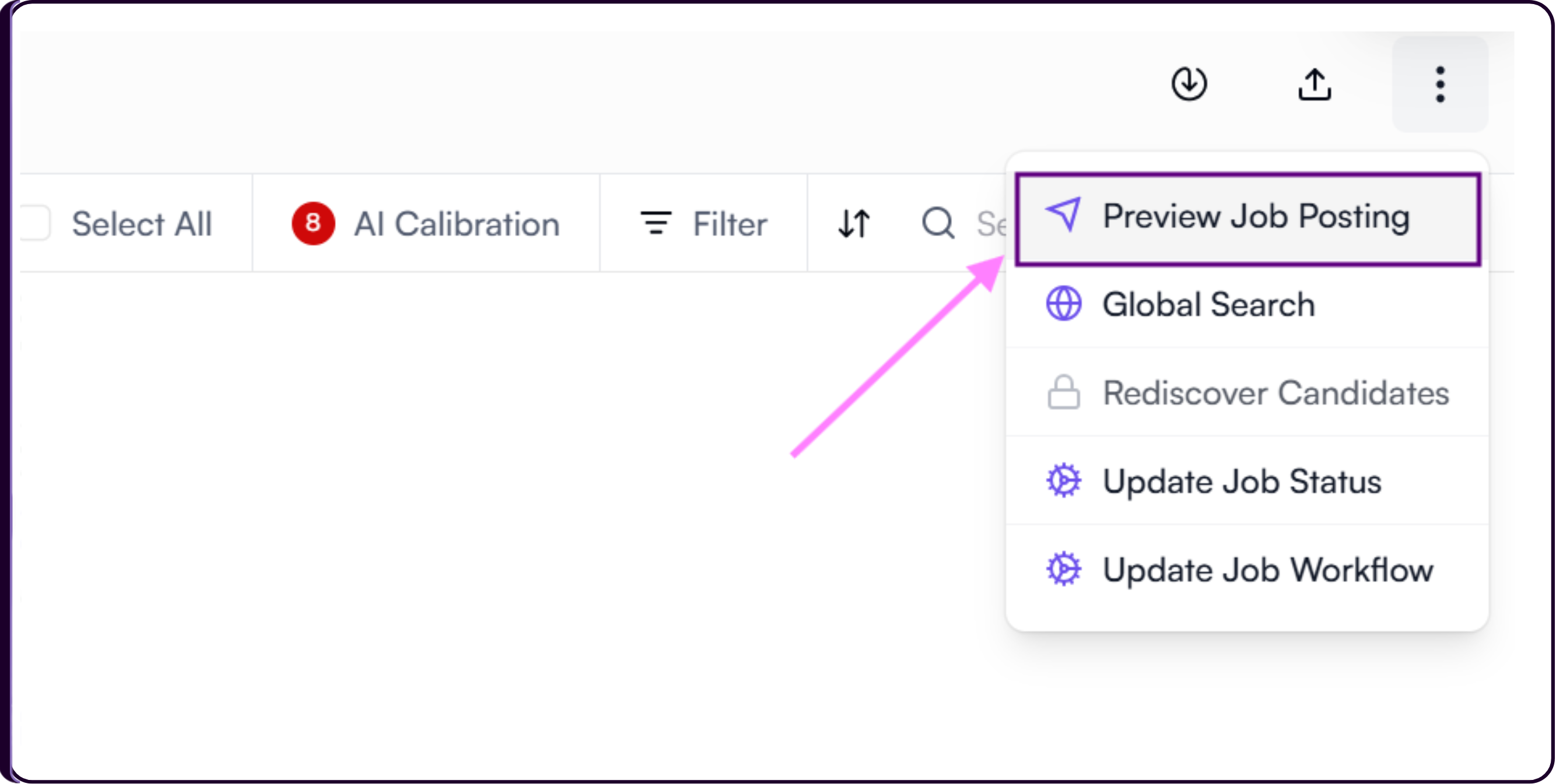 Jobs list Actions menu showing Preview Job Posting option for a published job