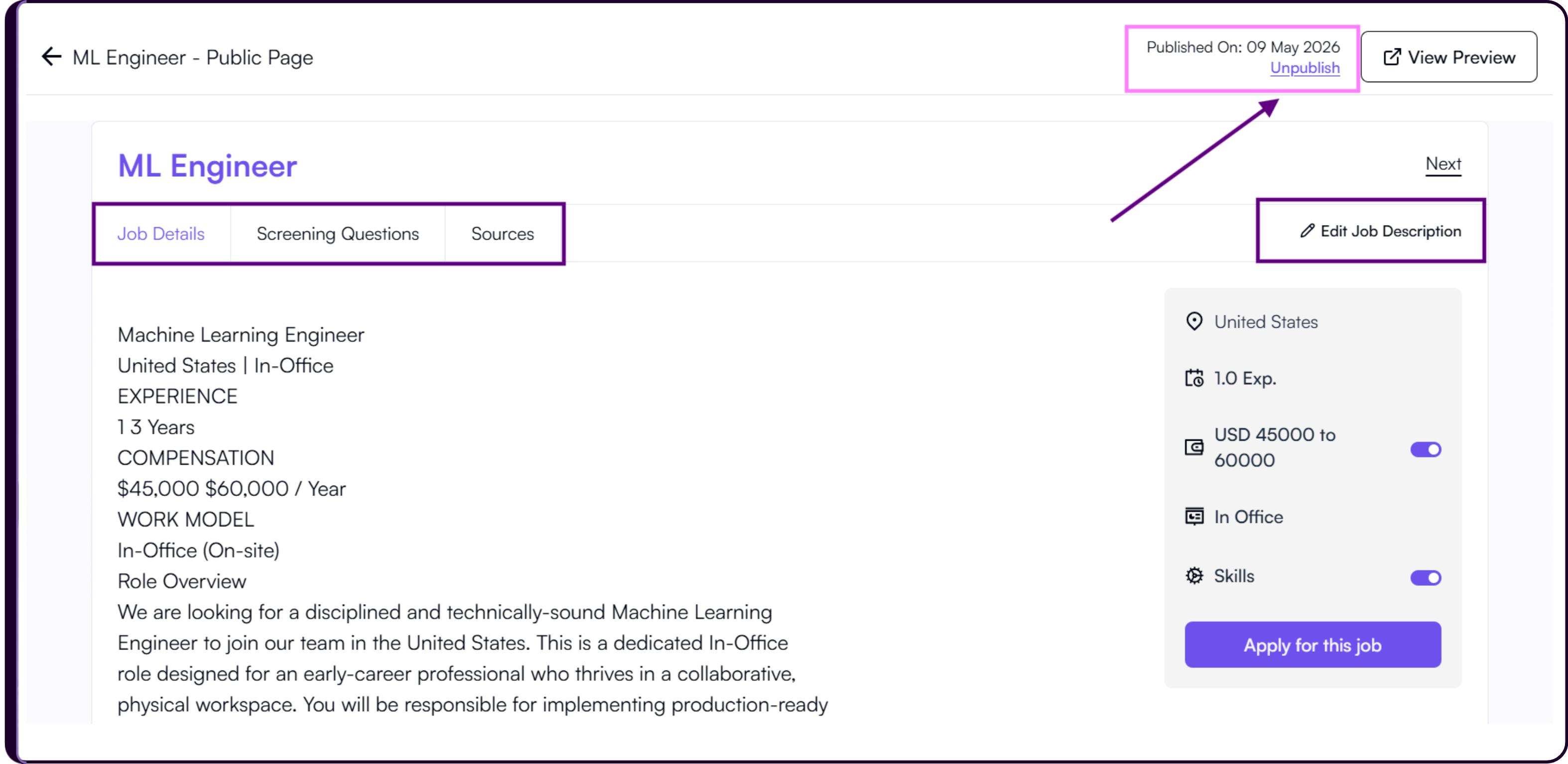 Published job page view showing the Unpublish button in the top-right corner