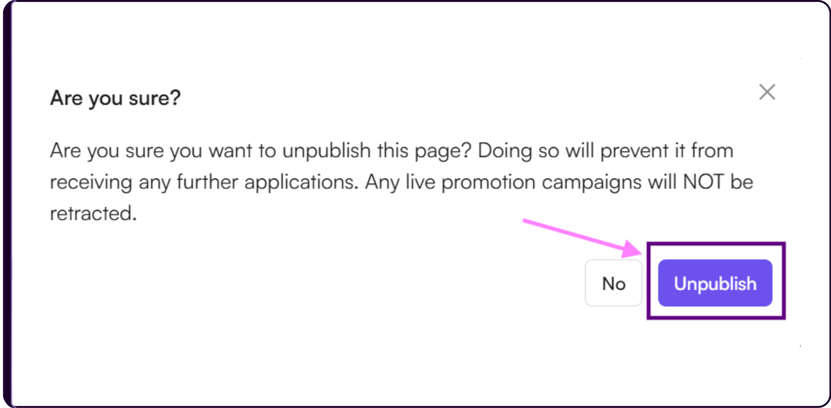 Unpublish confirmation dialog asking to confirm removing the job from public listing