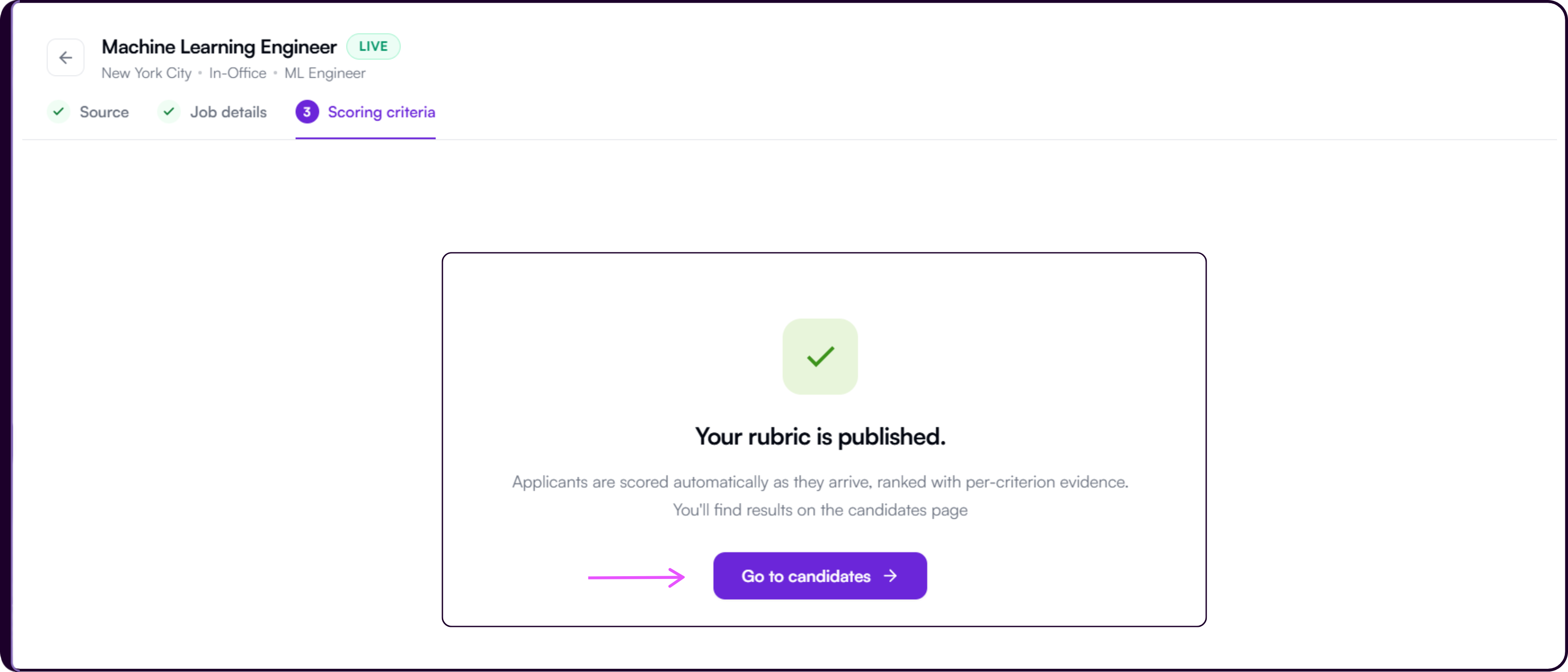 Confirmation screen showing the job status changed to Live after publishing