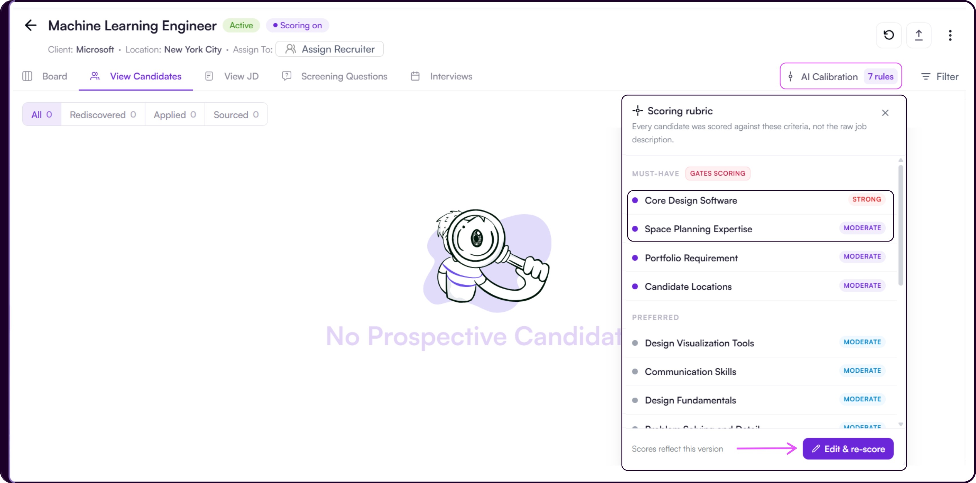 Job workspace showing the 'AI Calibration' button in the top-right corner