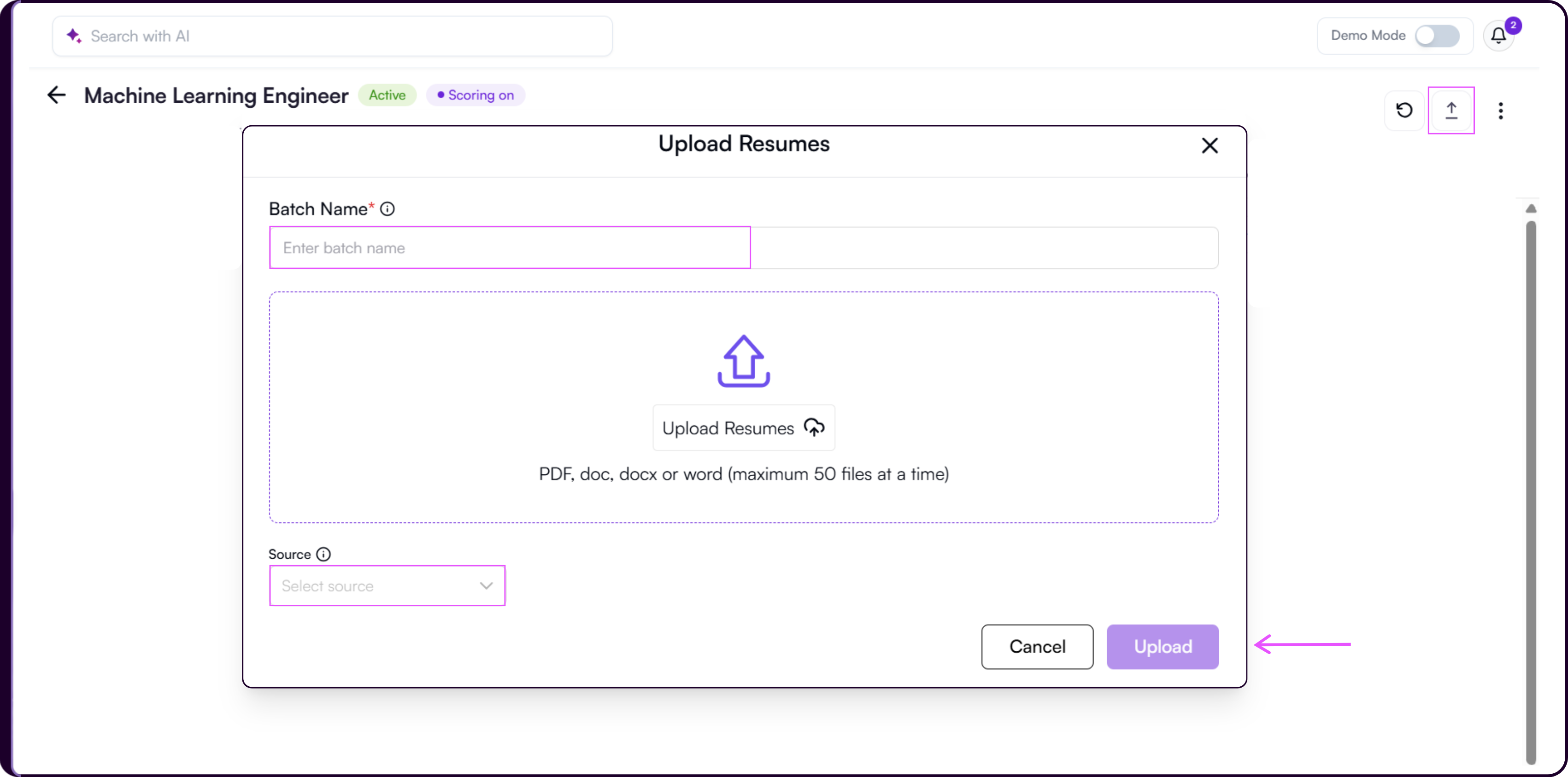 View Candidates tab showing the upload icon in the job header