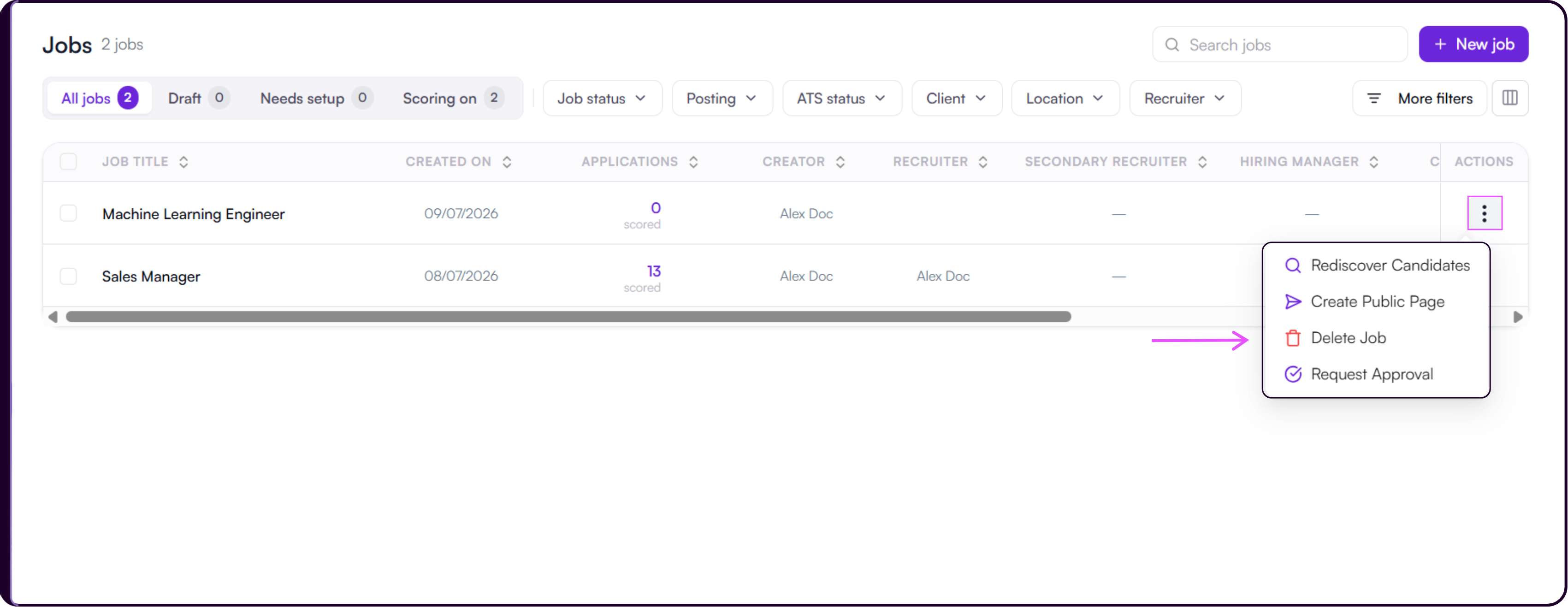 Jobs list page showing the three-dots Actions menu beside a job
