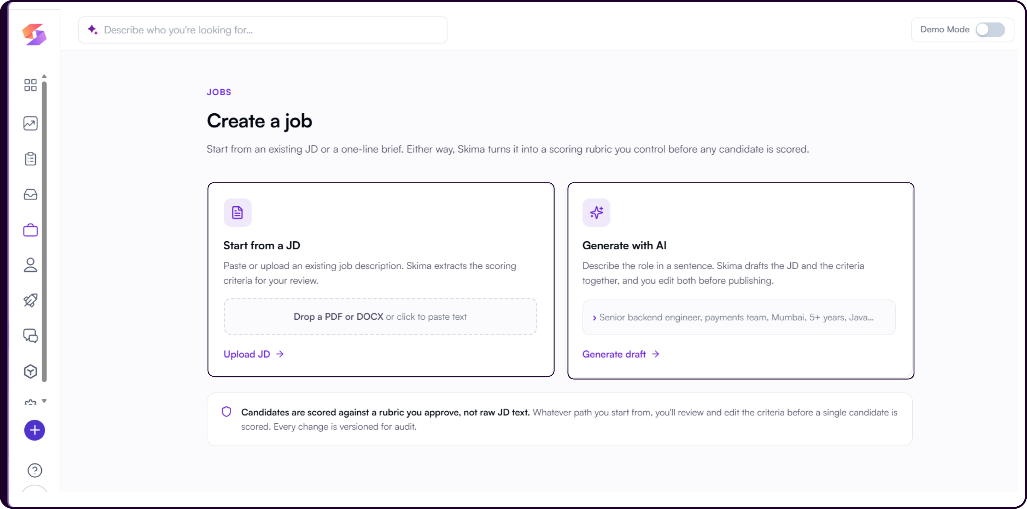 Create a job screen showing the 'Start from a JD' and 'Generate with AI' options