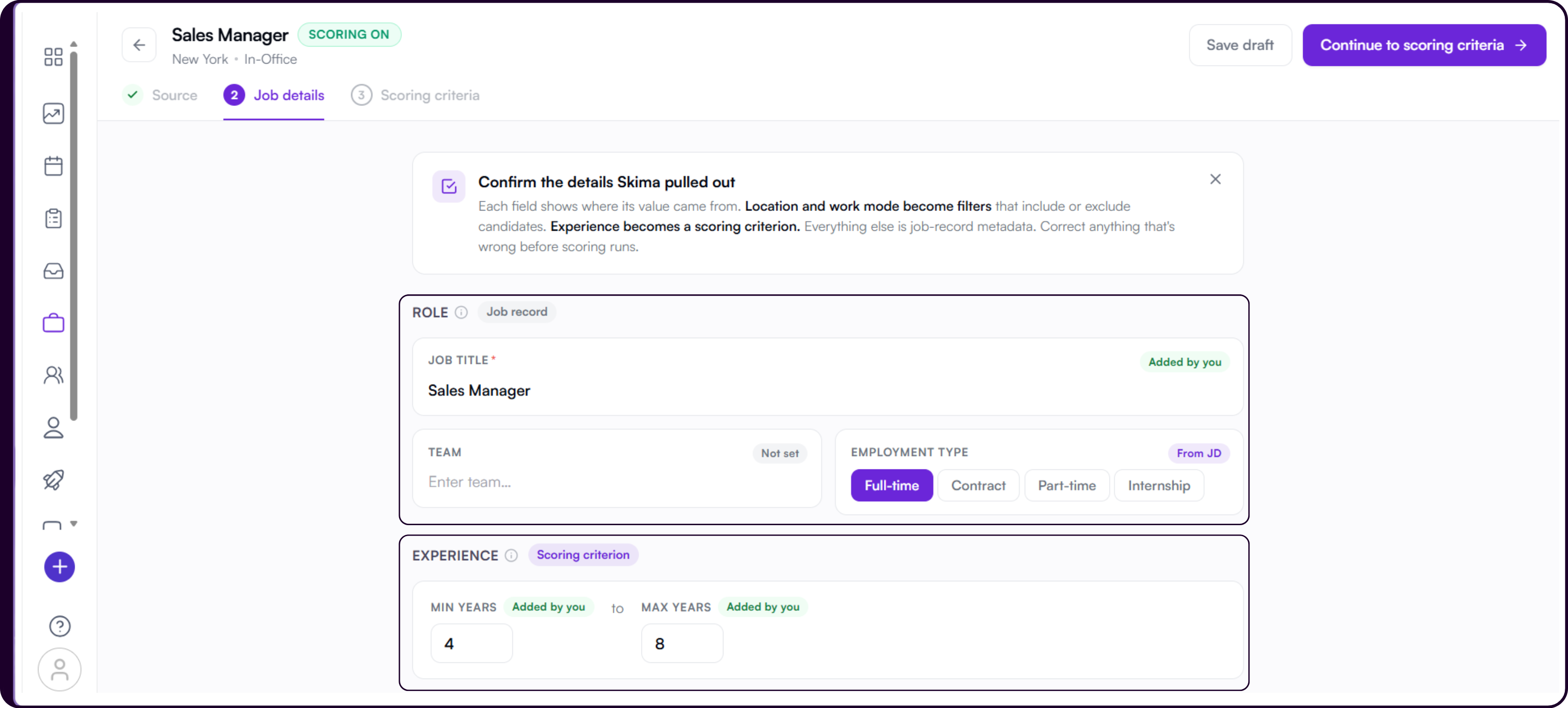 Job details step showing the Role section with Job Title, Team, and Employment Type fields