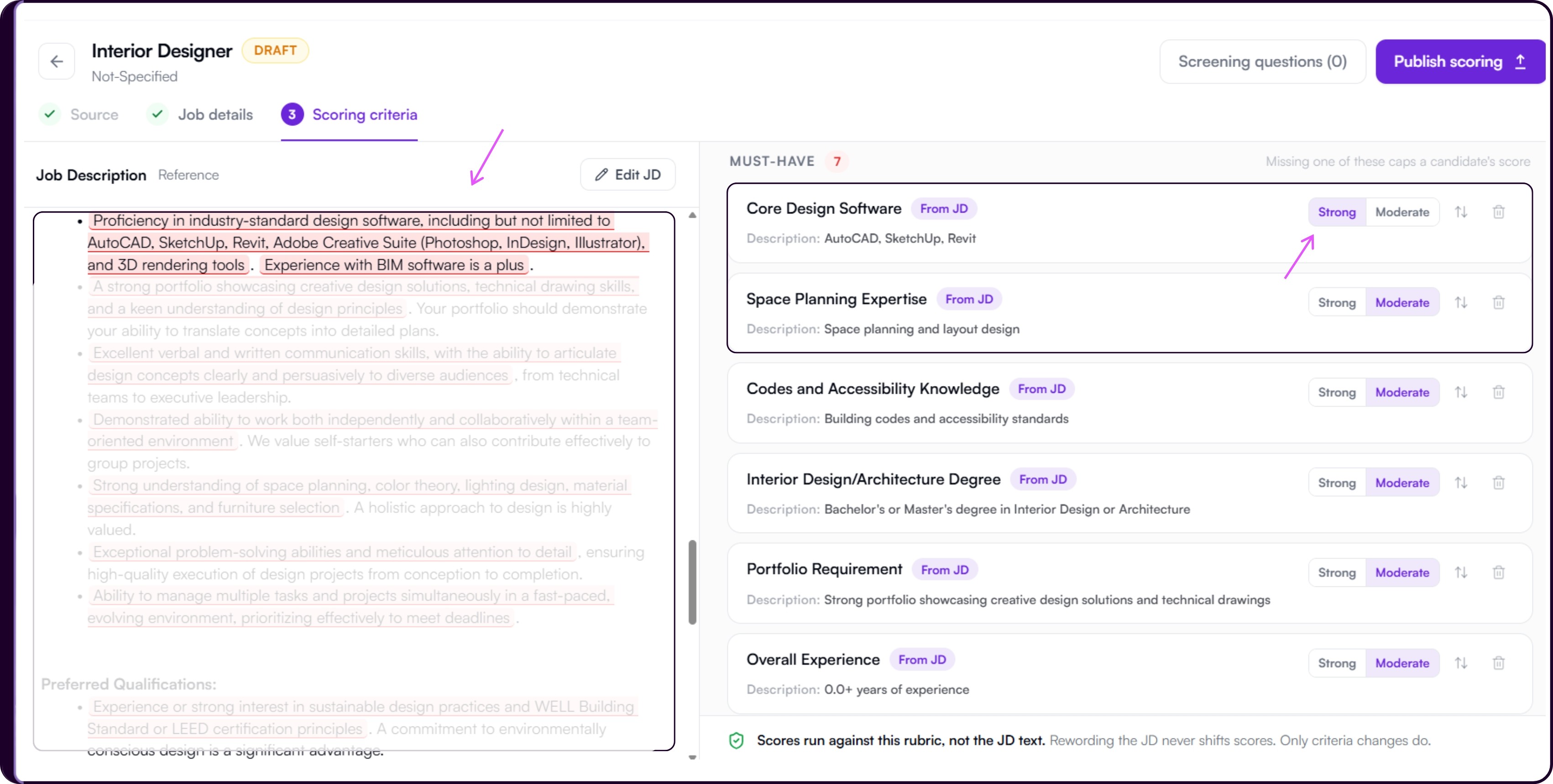 Scoring criteria screen showing the generated rubric organized into four tiers