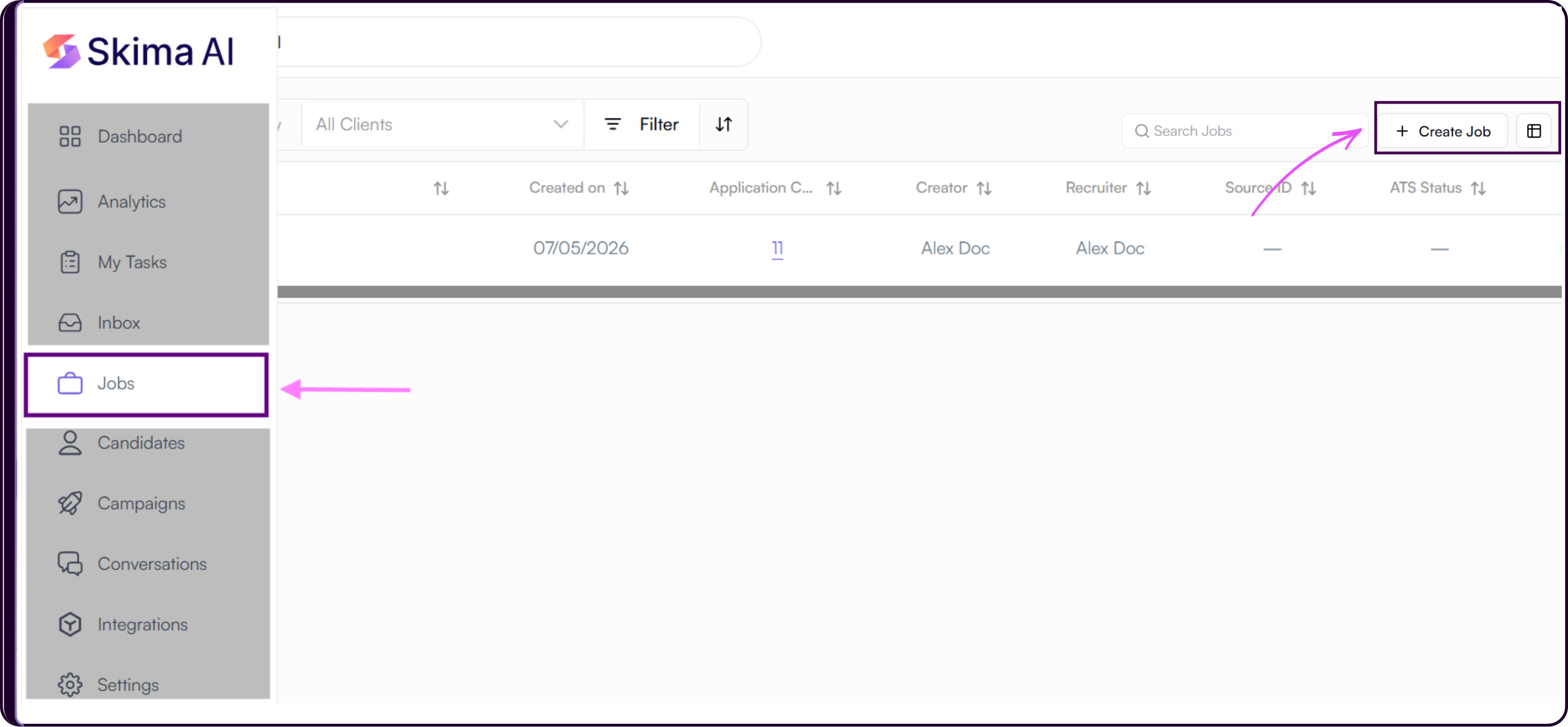 Skima AI left sidebar showing the Jobs navigation option