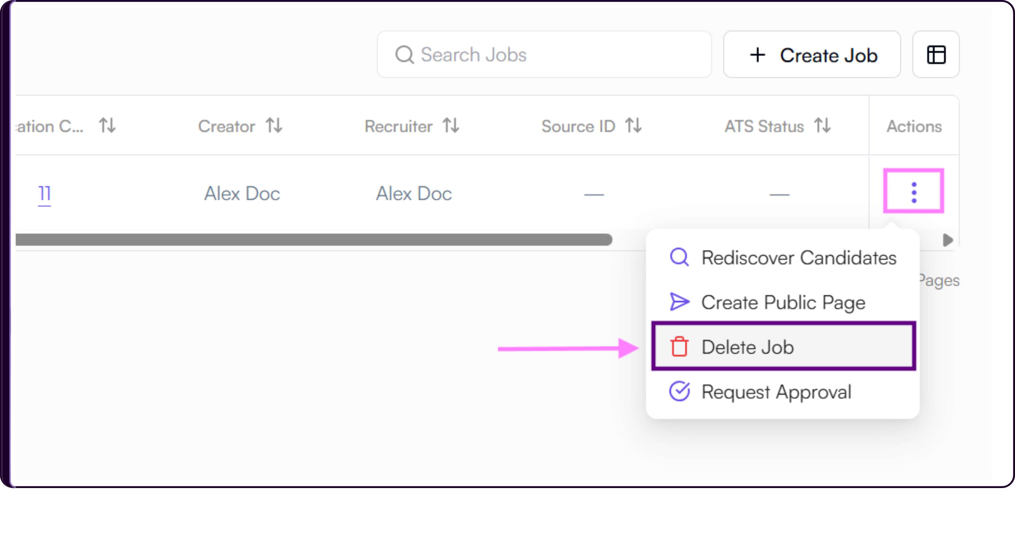 Jobs list Actions menu showing the Delete Job option with confirmation step