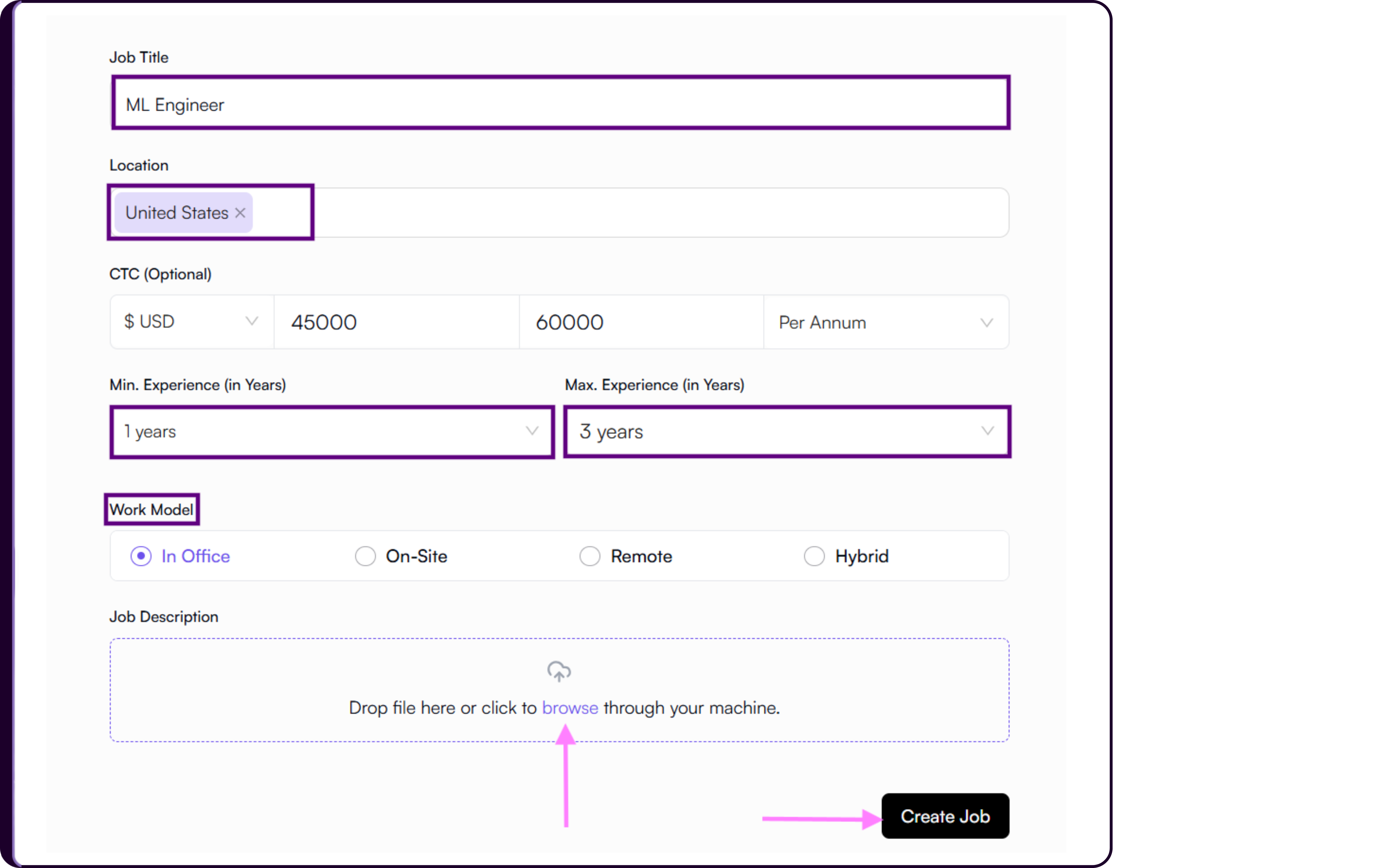 Create Job form showing job title, location, salary range, experience requirements, and work model fields