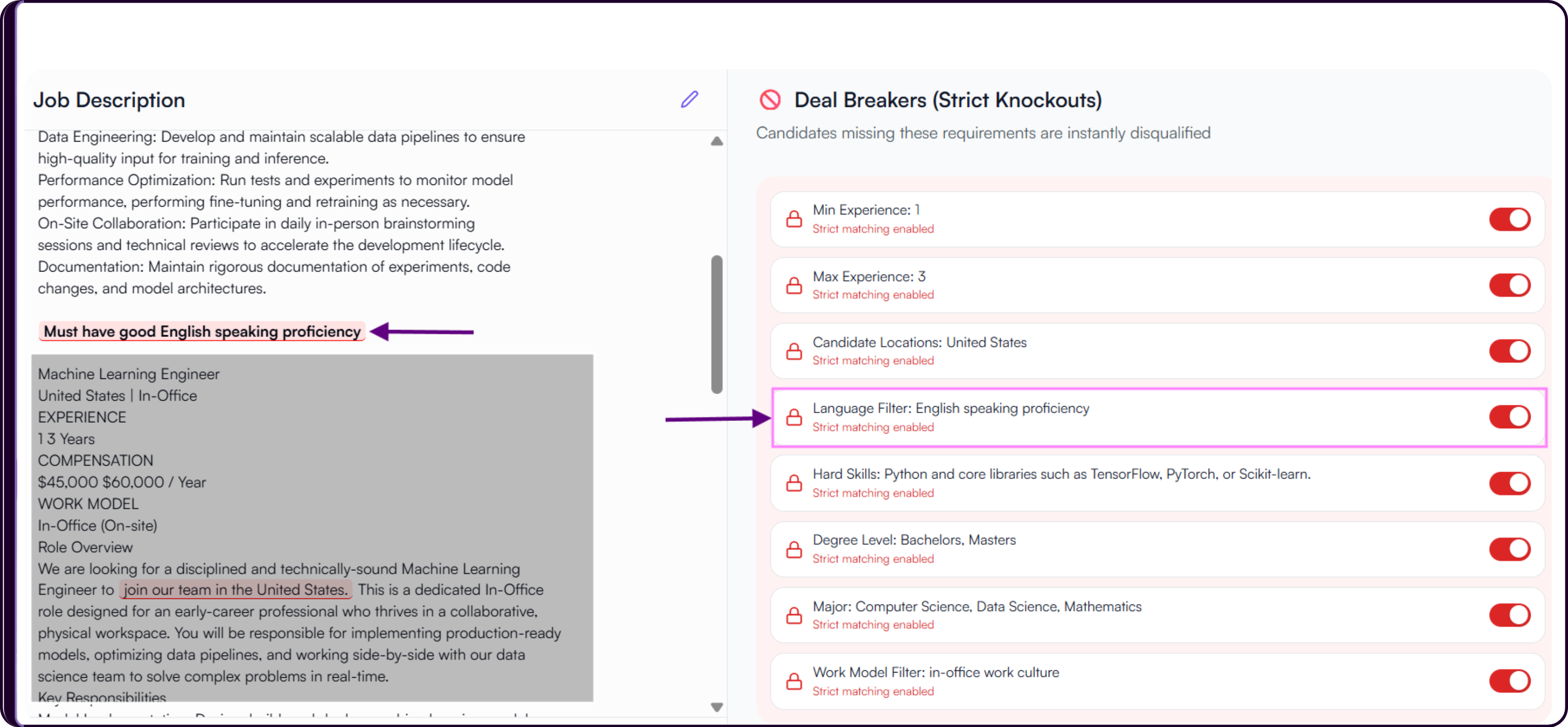 Job description editor showing the Edit Job Description interface for refining role requirements