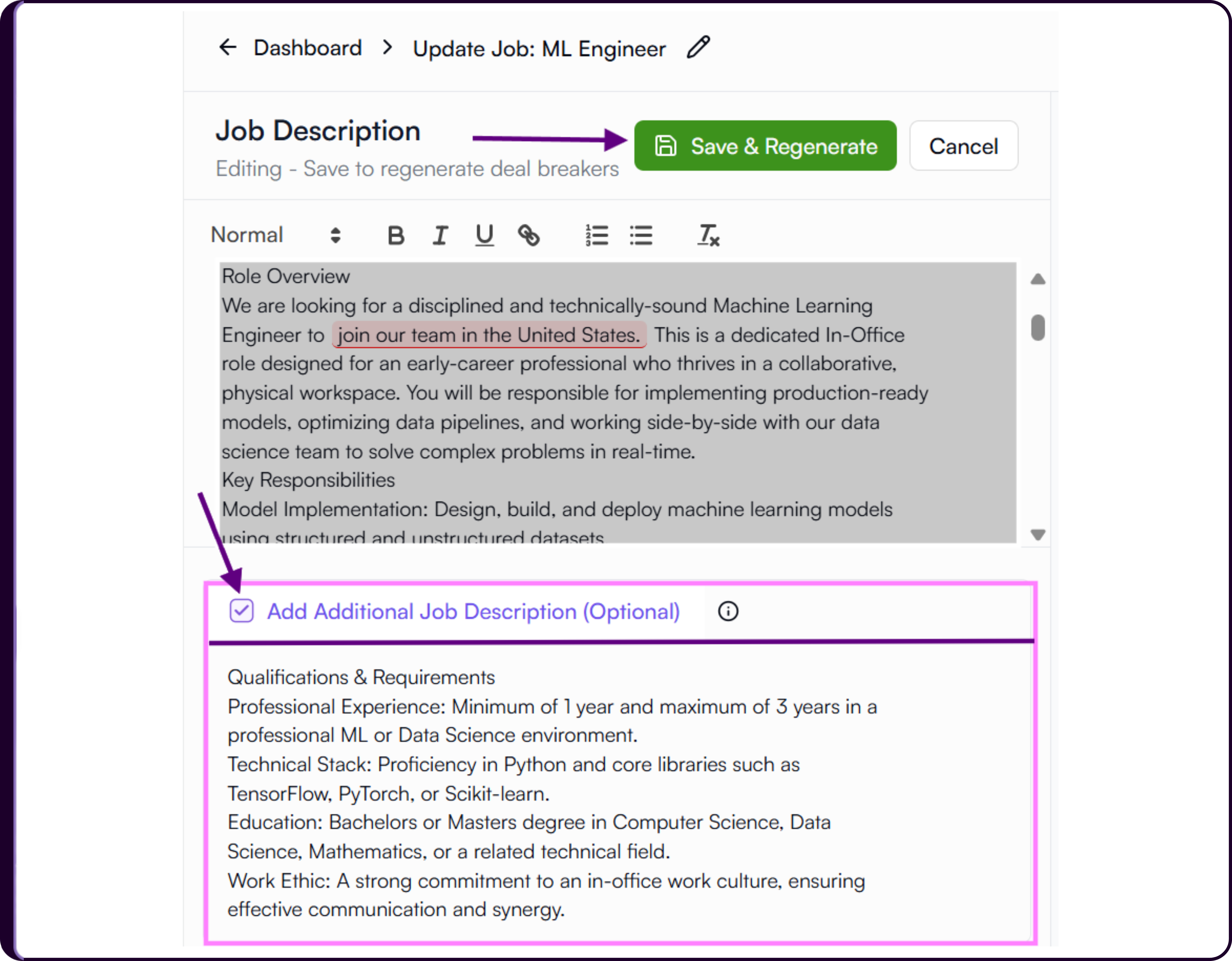 Additional Job Description section showing internal-only hidden screening conditions field not visible to candidates