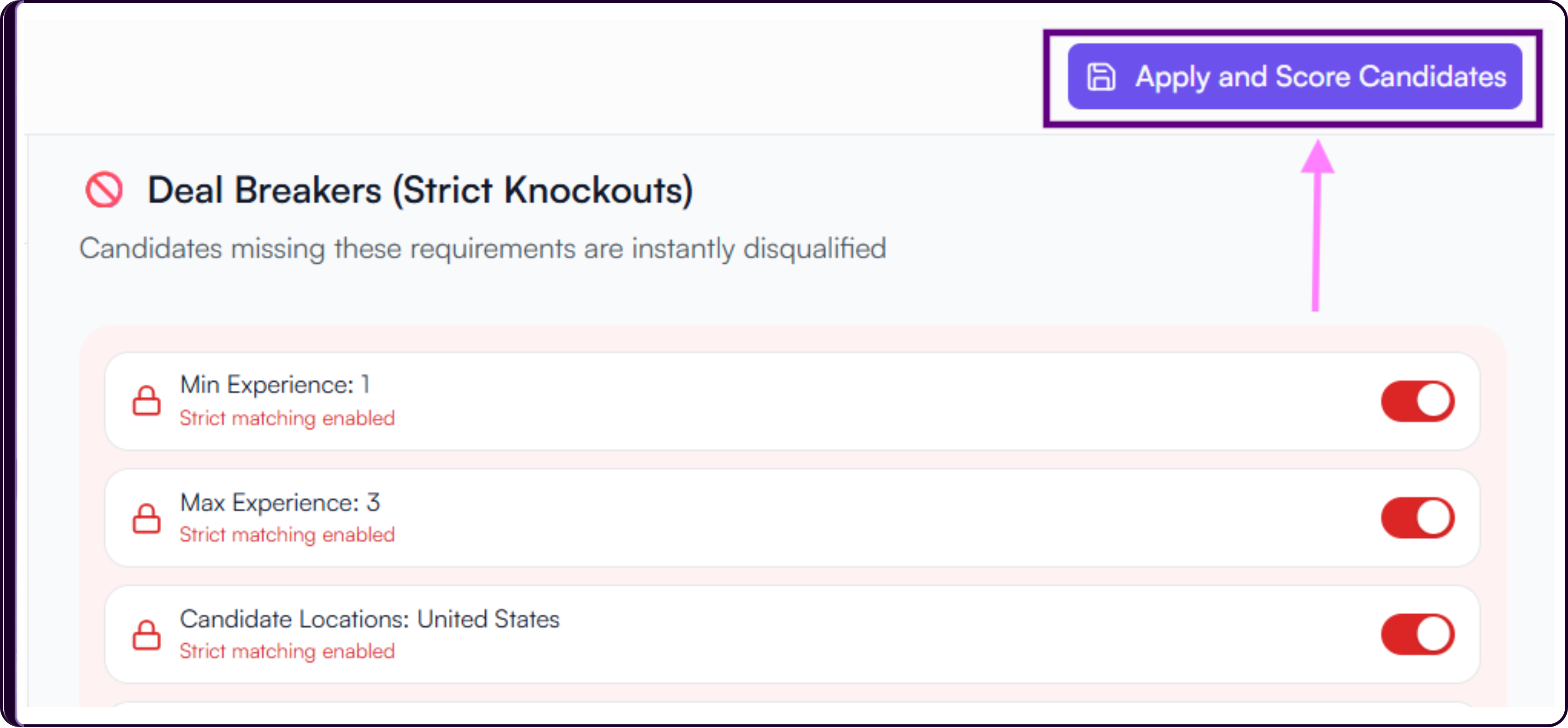 Job calibration screen showing the Apply and Score Candidates button to trigger AI screening